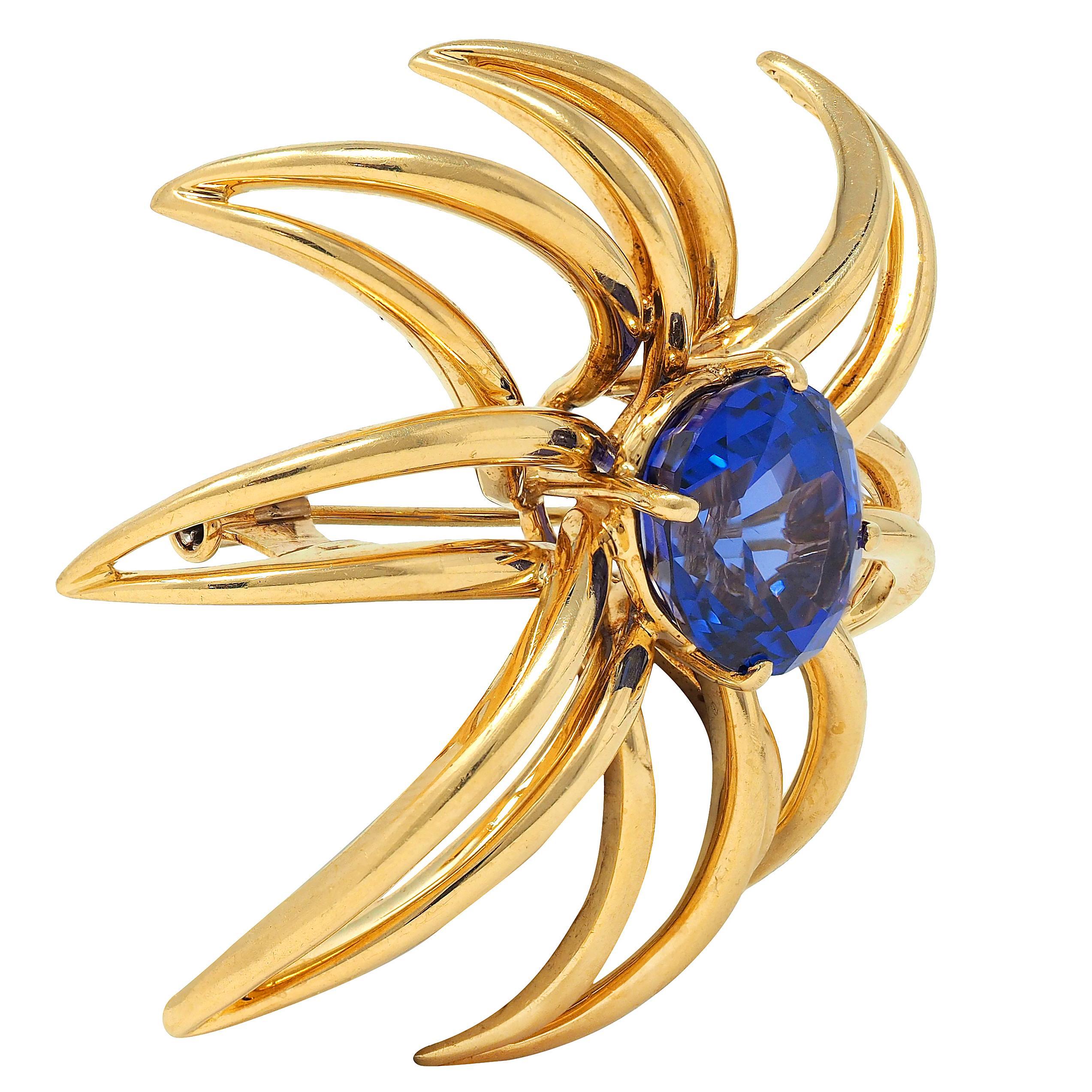 Round Cut Tiffany & Co. 1994 10.23 Tanzanite 18 Karat Yellow Gold Vintage Fireworks Brooch For Sale