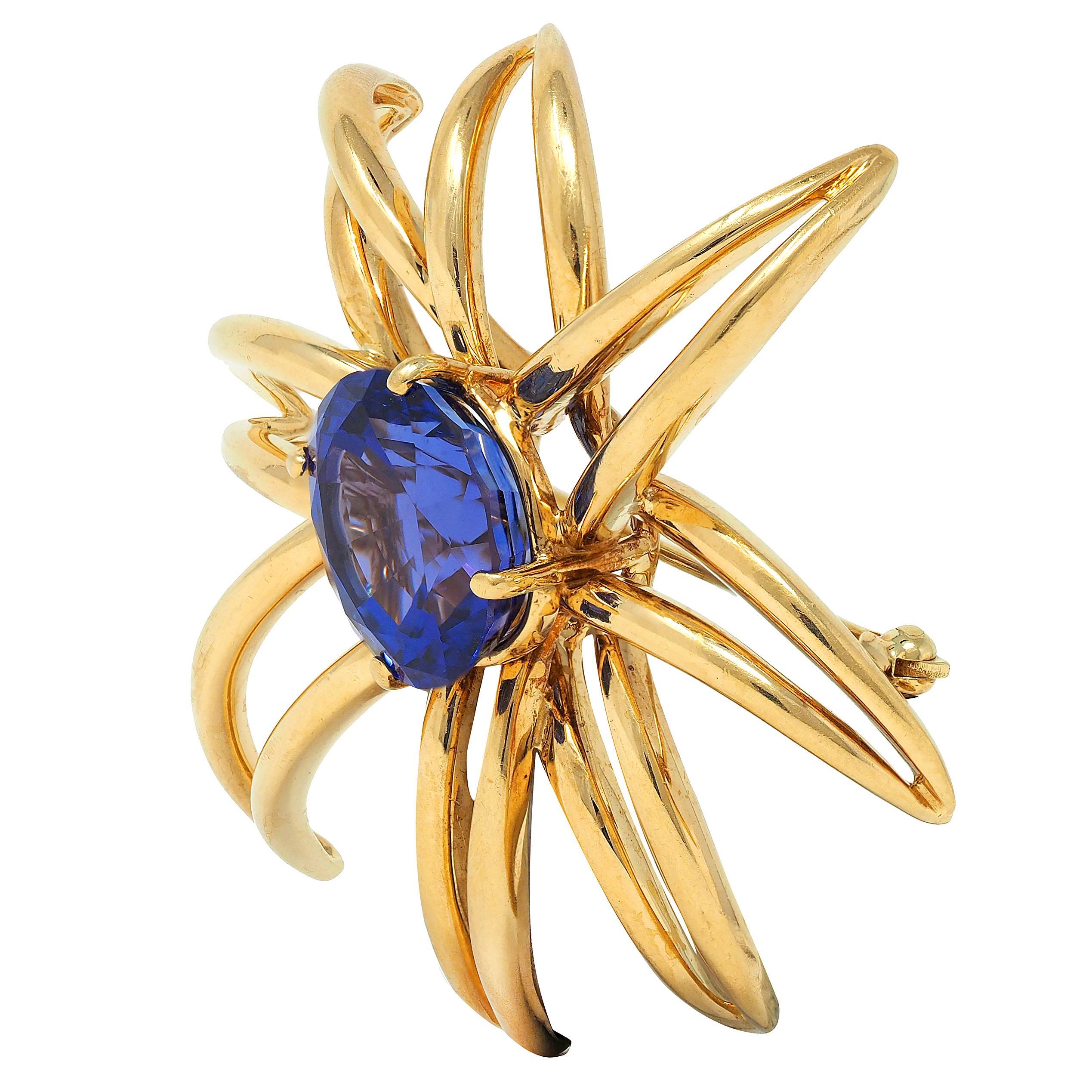 Women's or Men's Tiffany & Co. 1994 10.23 Tanzanite 18 Karat Yellow Gold Vintage Fireworks Brooch For Sale