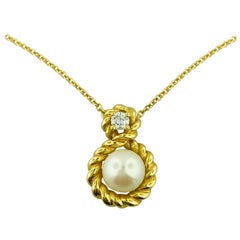 Tiffany & Co. 1994 Akoya Pearl and Diamond Necklace in 18 Karat Yellow Gold