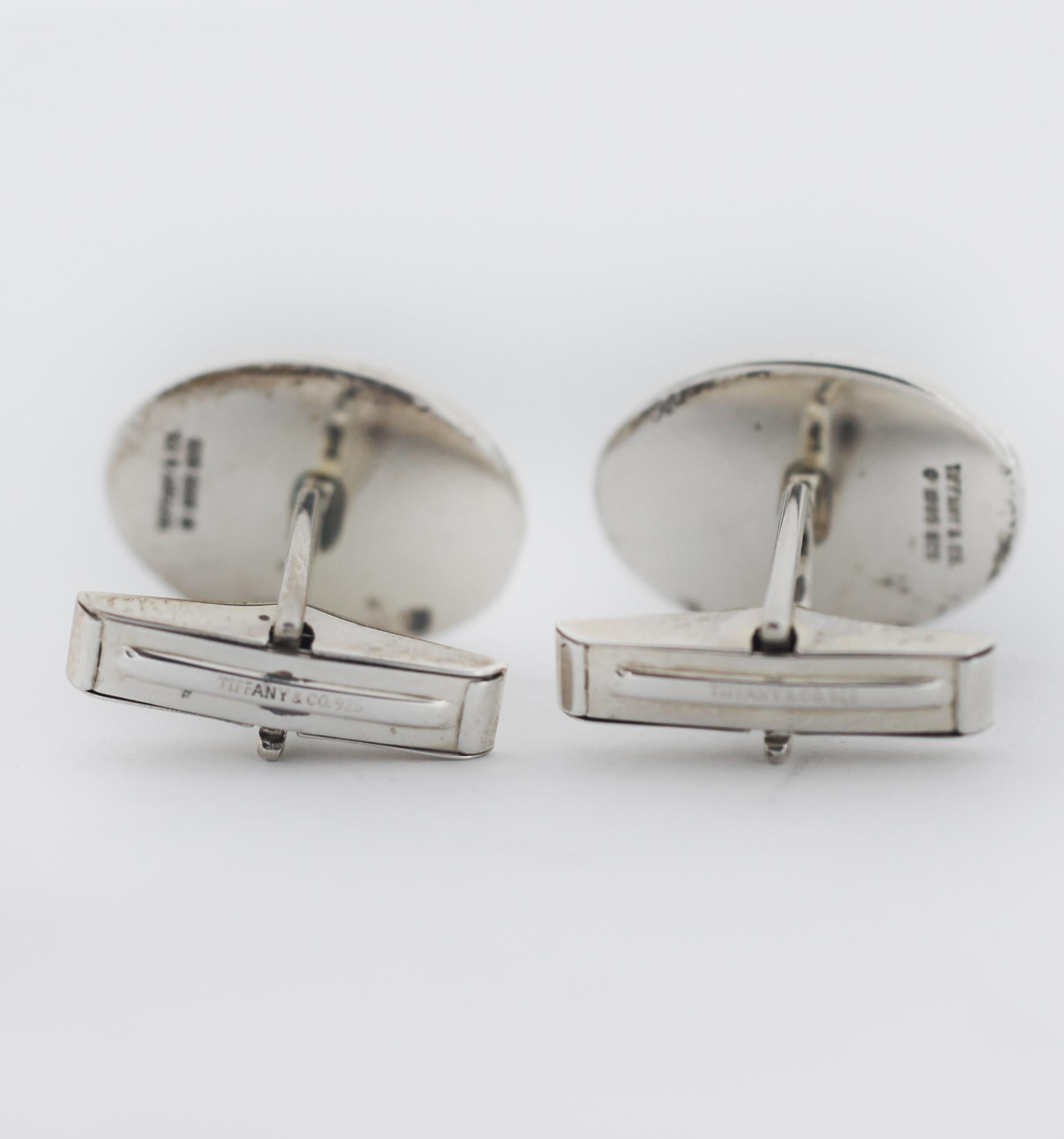 Tiffany & Co. Boutons de manchette à rayures ovales en argent sterling 925, 1995 Bon état à San Fernando, CA
