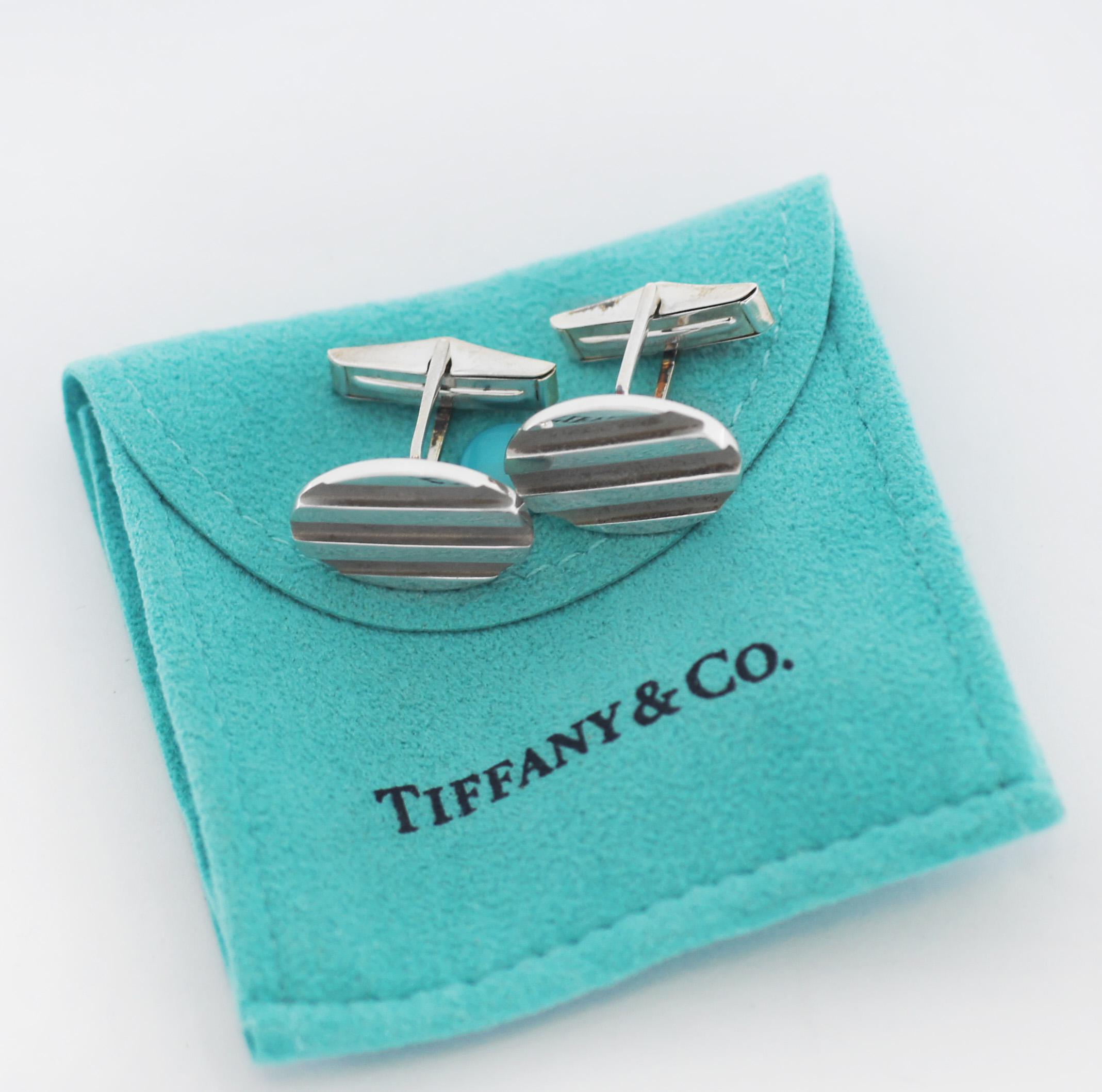 Tiffany & Co. Boutons de manchette à rayures ovales en argent sterling 925, 1995 2