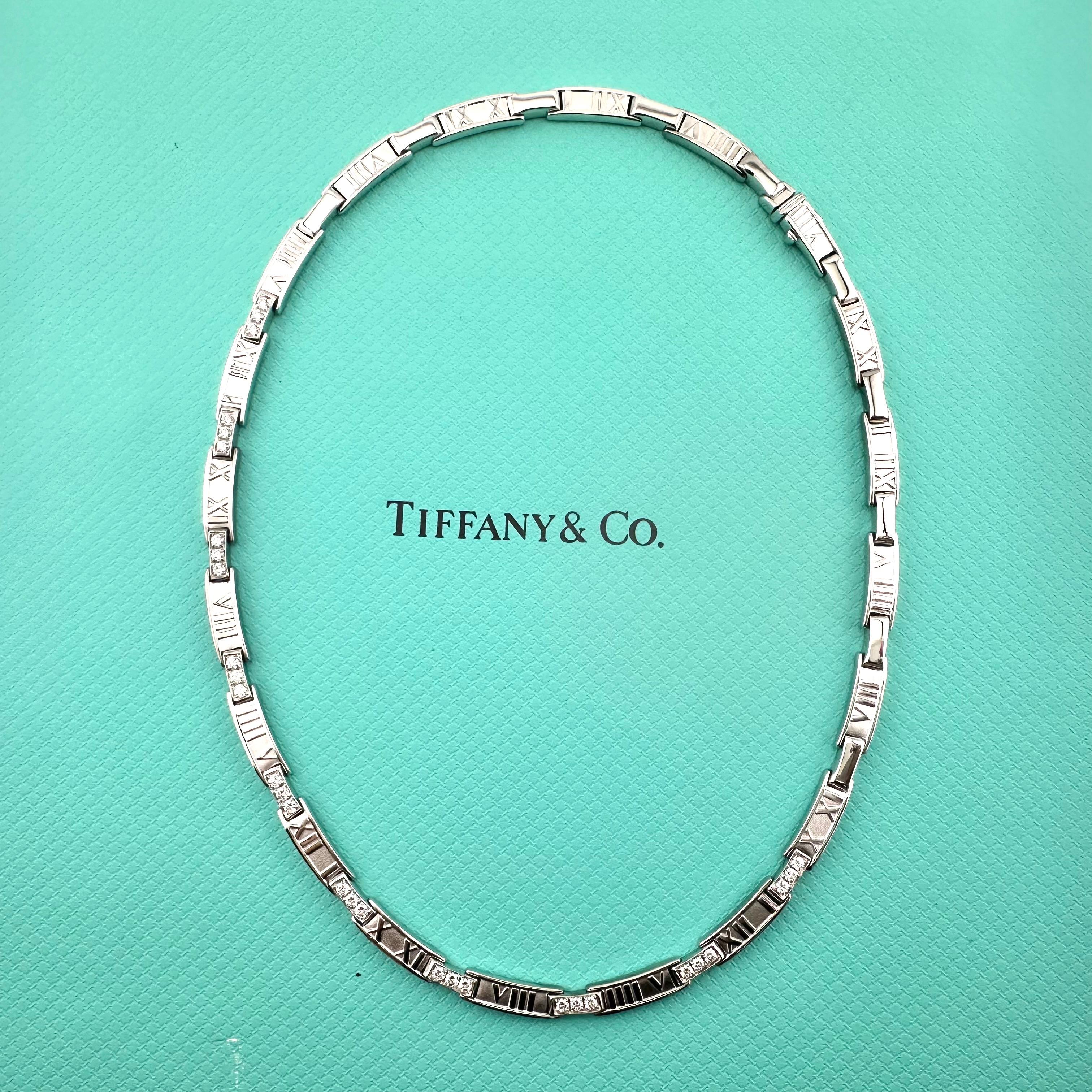 Tiffany & Co. Atlas Bar Pave Diamond Necklace
Style:  Necklace
Metal:  18k White Gold - 65.7 grams
Size / Measurements:  16.5 Inches - 5.34 mm width
Main Diamond:  30 Round Brilliant Diamomds ~ 1.50 tcw
Color & Clarity:  G, VS
Hallmark:  TIFFANY&CO.