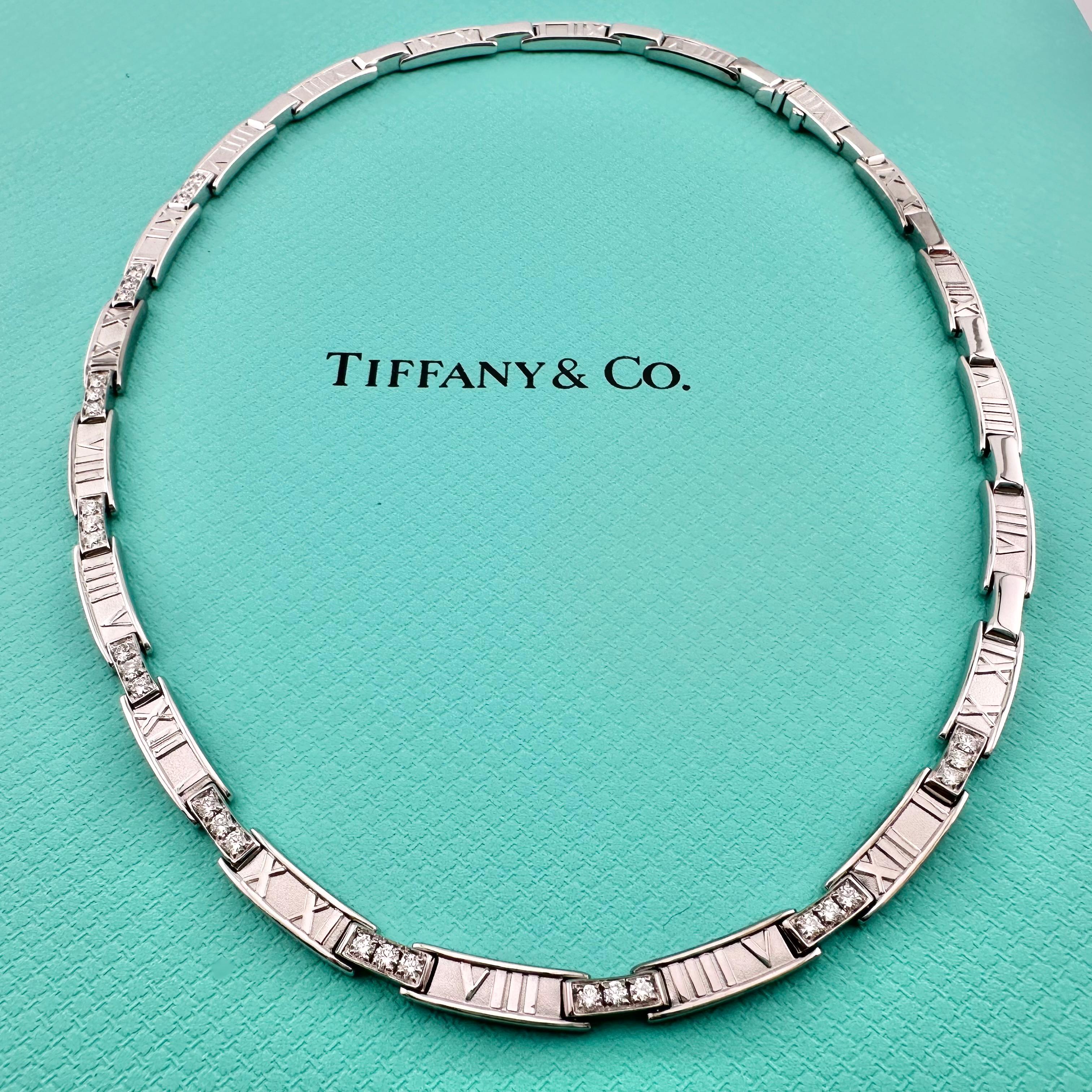 Round Cut Tiffany & Co. 1995 Atlas Bar Link Diamond Necklace in 18k White Gold For Sale