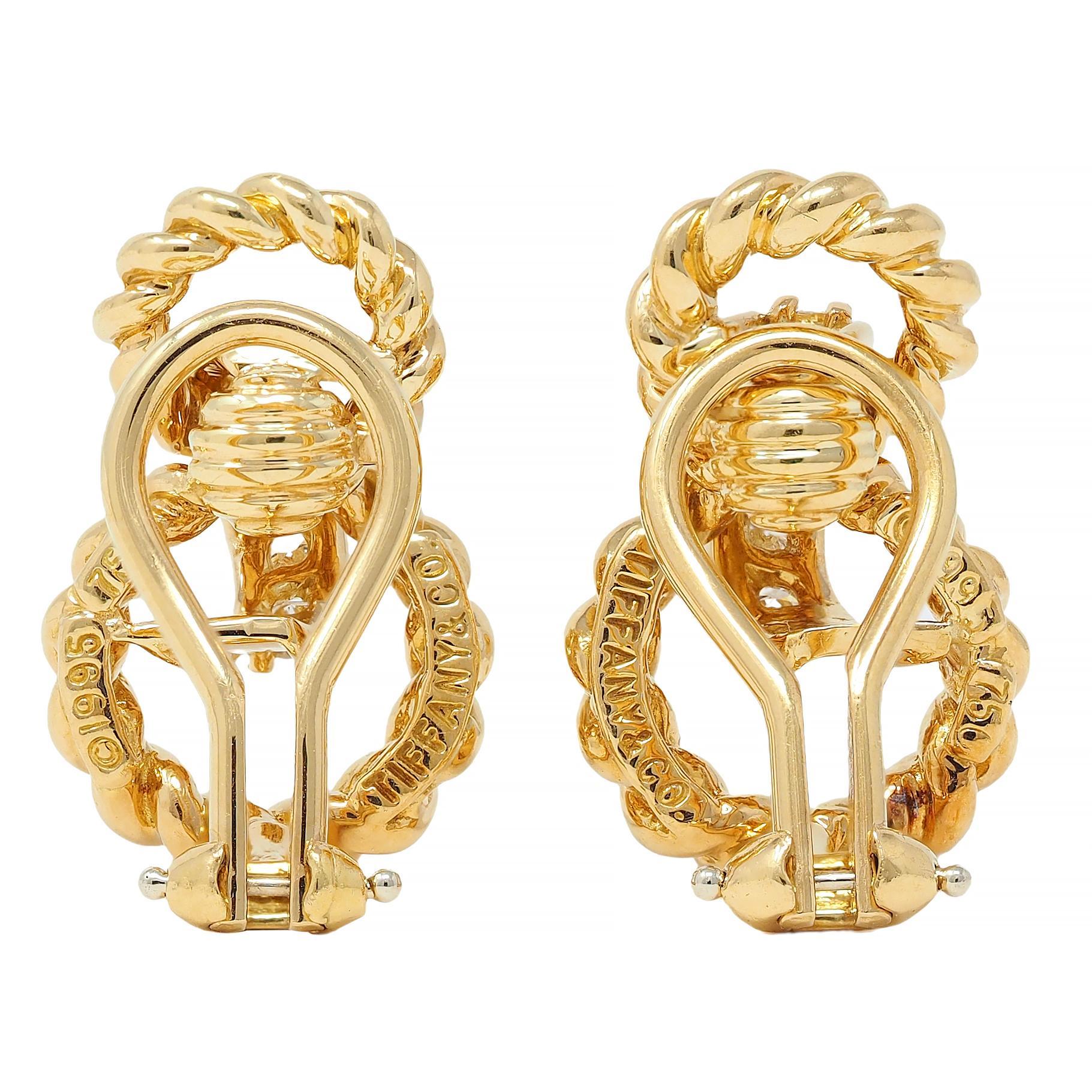 Tiffany & Co. 1995 Diamond 18 Karat Yellow Gold Vintage Twist Ear-Clip Earrings In Excellent Condition In Philadelphia, PA