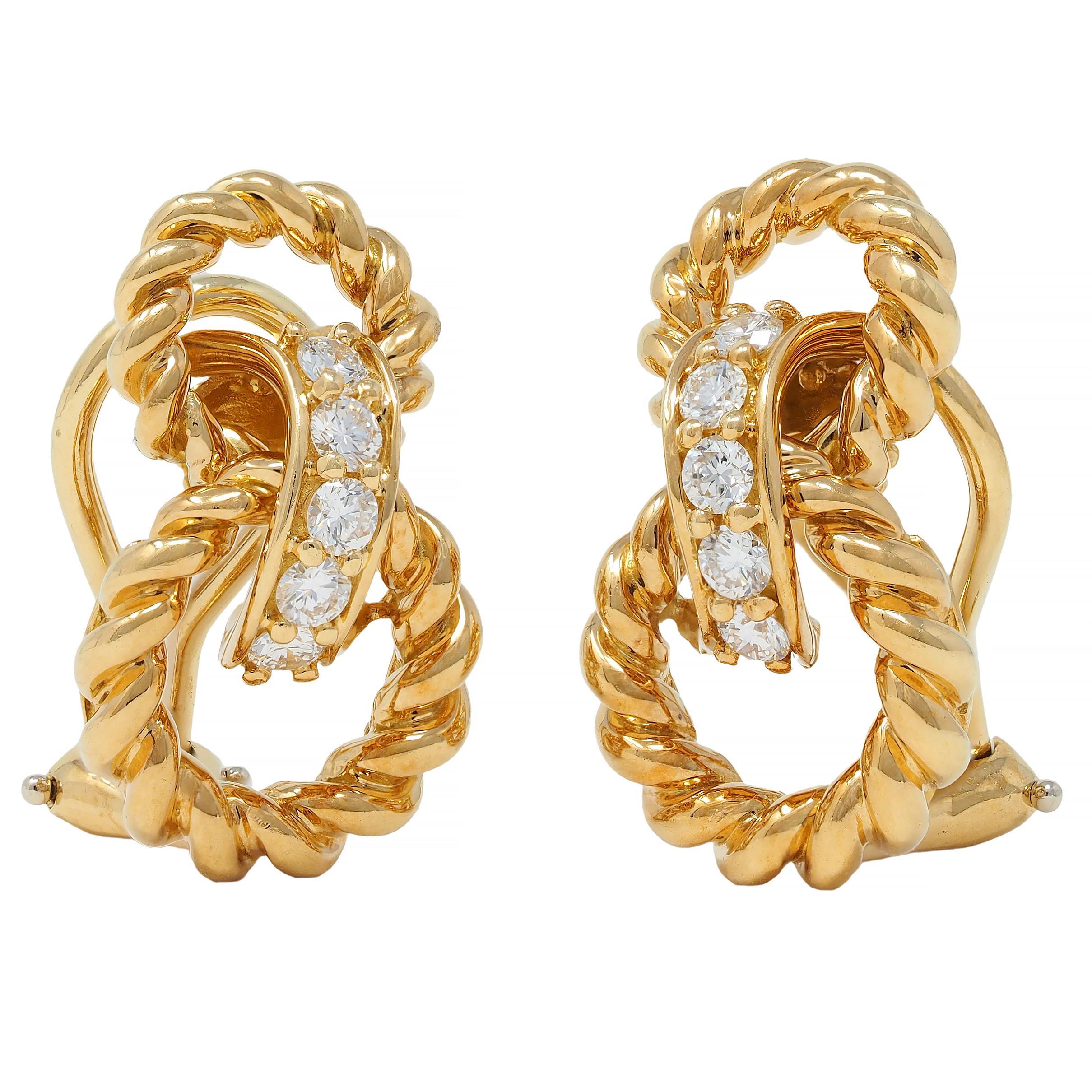 Women's or Men's Tiffany & Co. 1995 Diamond 18 Karat Yellow Gold Vintage Twist Ear-Clip Earrings