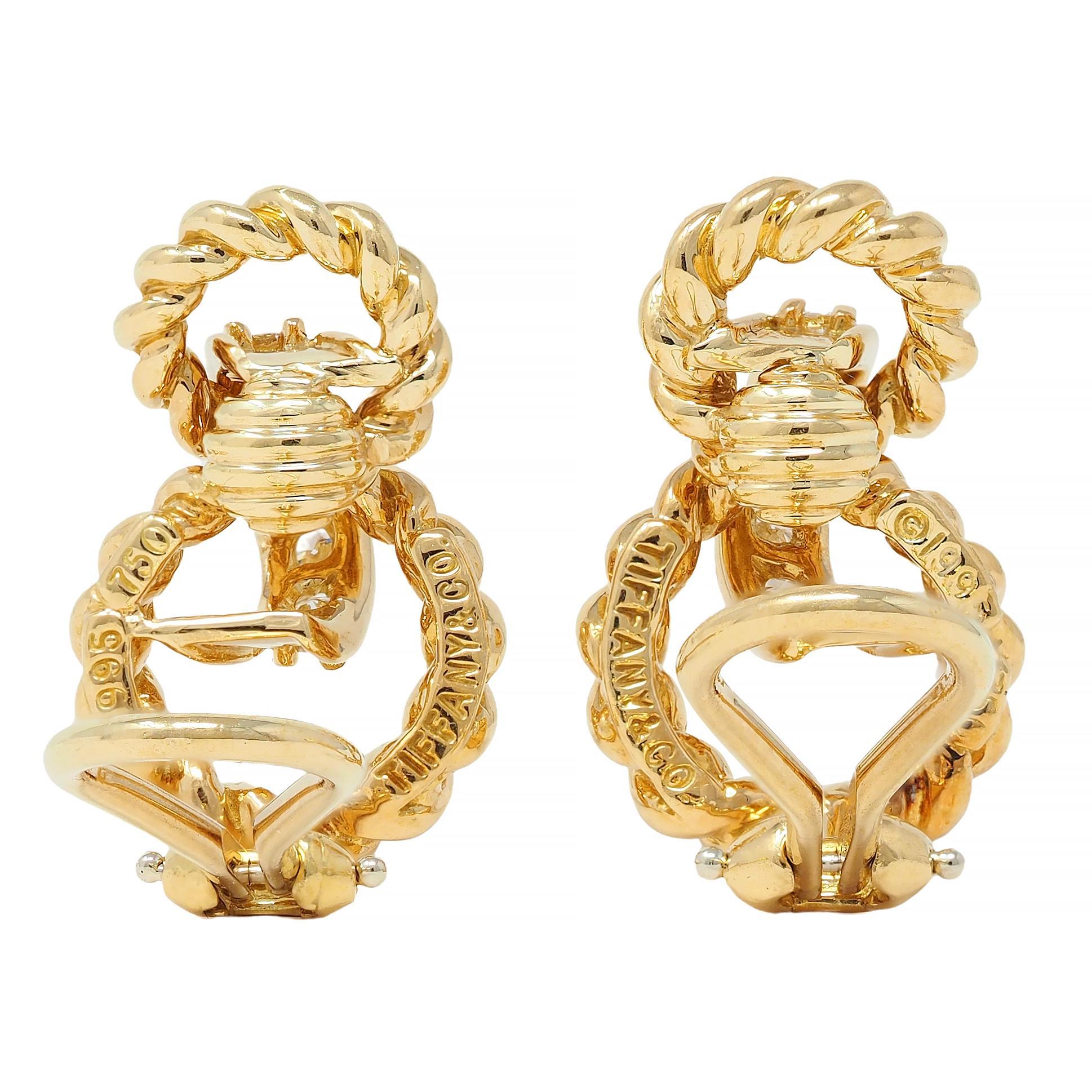 Tiffany & Co. 1995 Diamond 18 Karat Yellow Gold Vintage Twist Ear-Clip Earrings 1