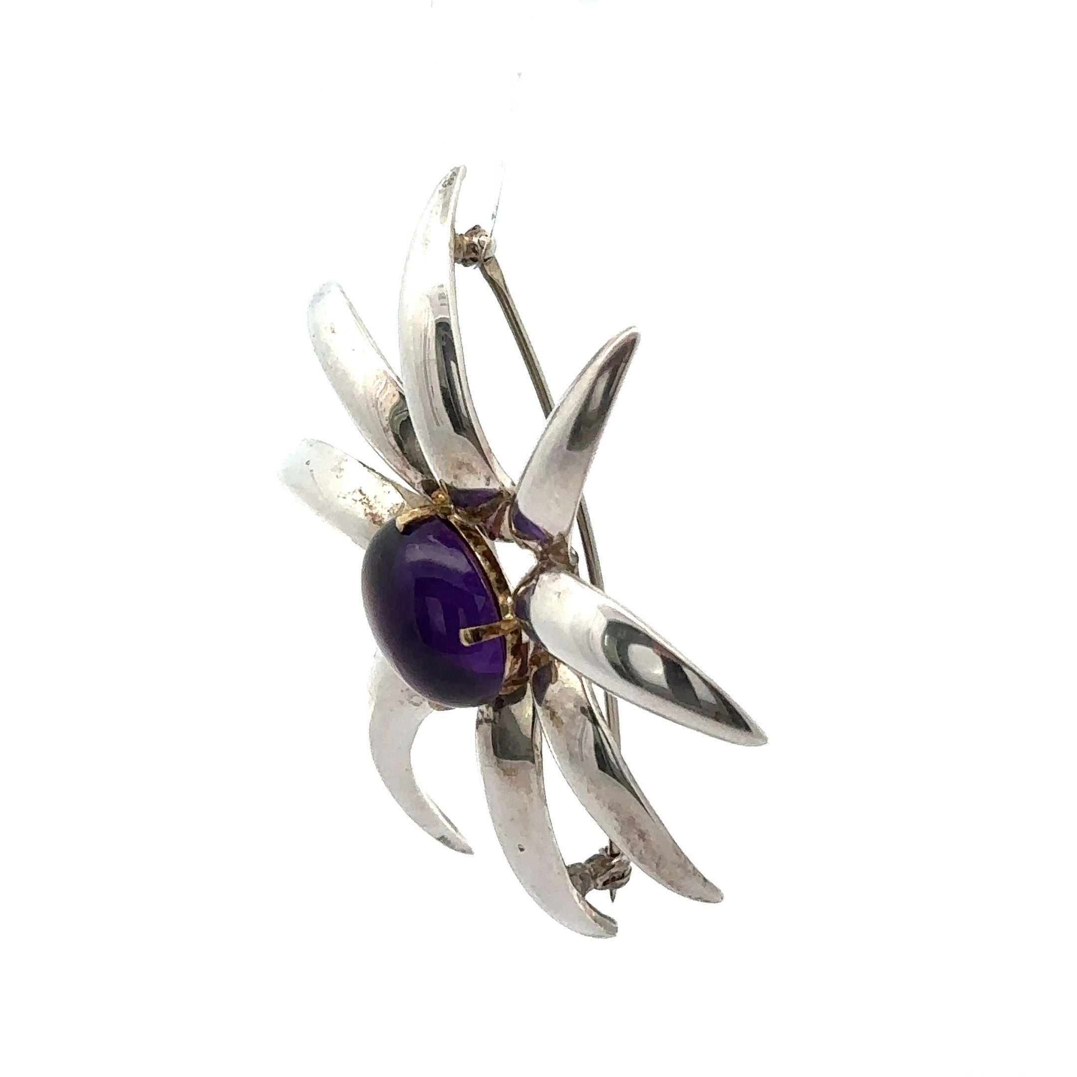 –Stone(s)–
(1) Natural Genuine Amethyst - Oval Cabochon - Prong Set - Deep Purple Color - 16 x 12.21mm (approx.)
Material: Sterling Silver .925 - 18k Yellow Gold Setting
Weight: 31.38 Grams
Overall Height: 59.68mm (2.35