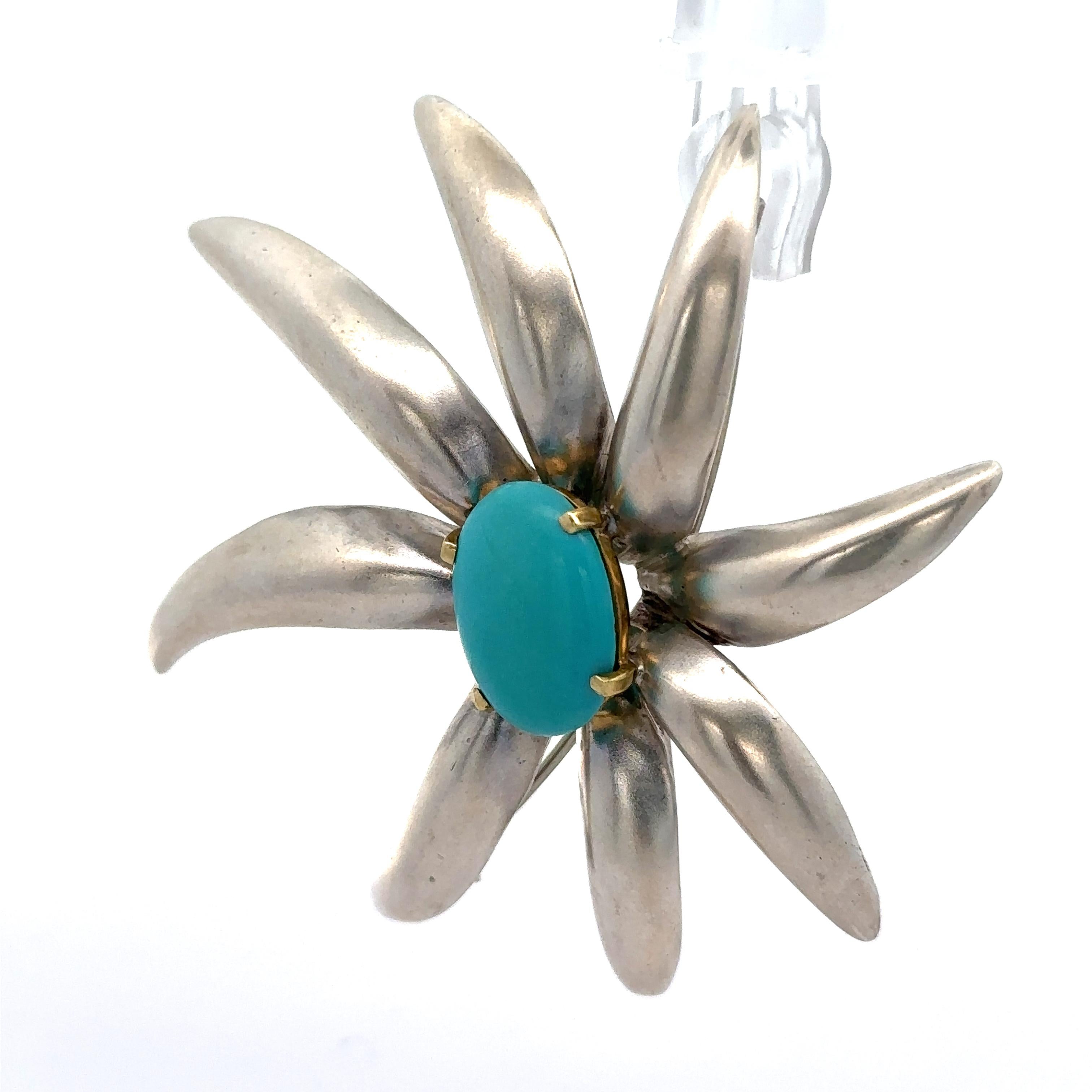 Oval Cut Tiffany & Co. 1995 Fireworks Sterling Silver 18k Gold Turquoise Large Pin Brooch For Sale