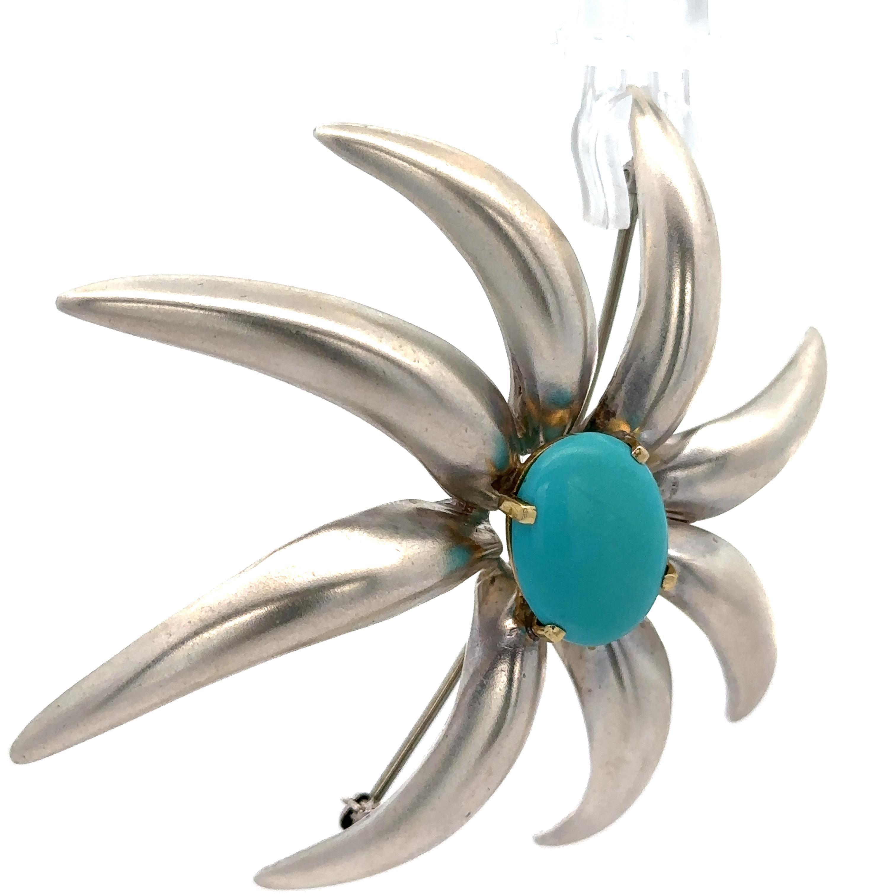 Tiffany & Co. 1995 Fireworks Sterling Silver 18k Gold Turquoise Large Pin Brooch In Excellent Condition For Sale In Montclair, NJ