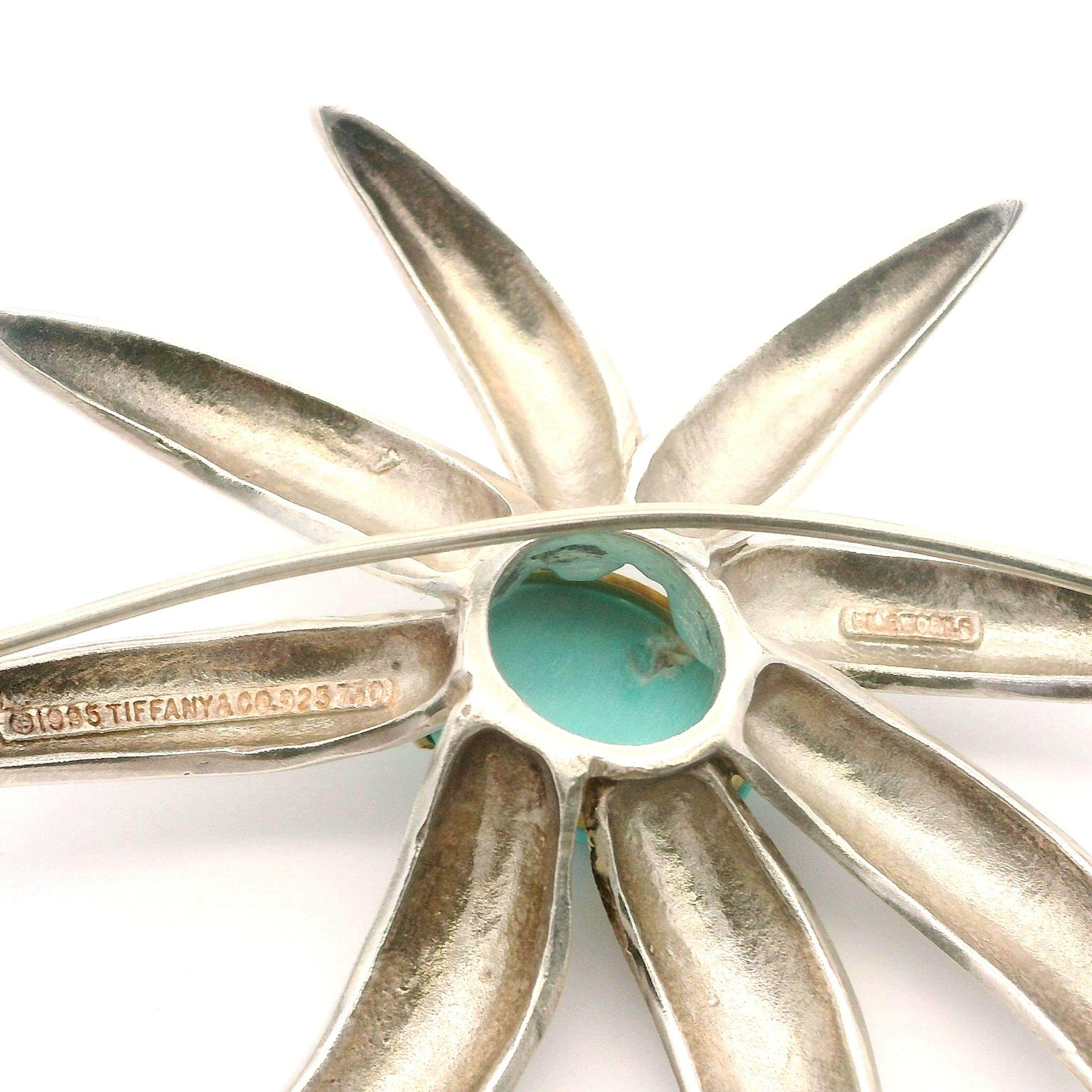 Women's or Men's Tiffany & Co. 1995 Fireworks Sterling Silver 18k Gold Turquoise Large Pin Brooch For Sale