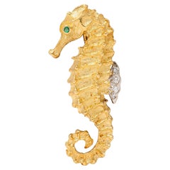Tiffany & Co. 1996 Emerald Diamond 18K Two-Tone Gold Vintage Seahorse Brooch