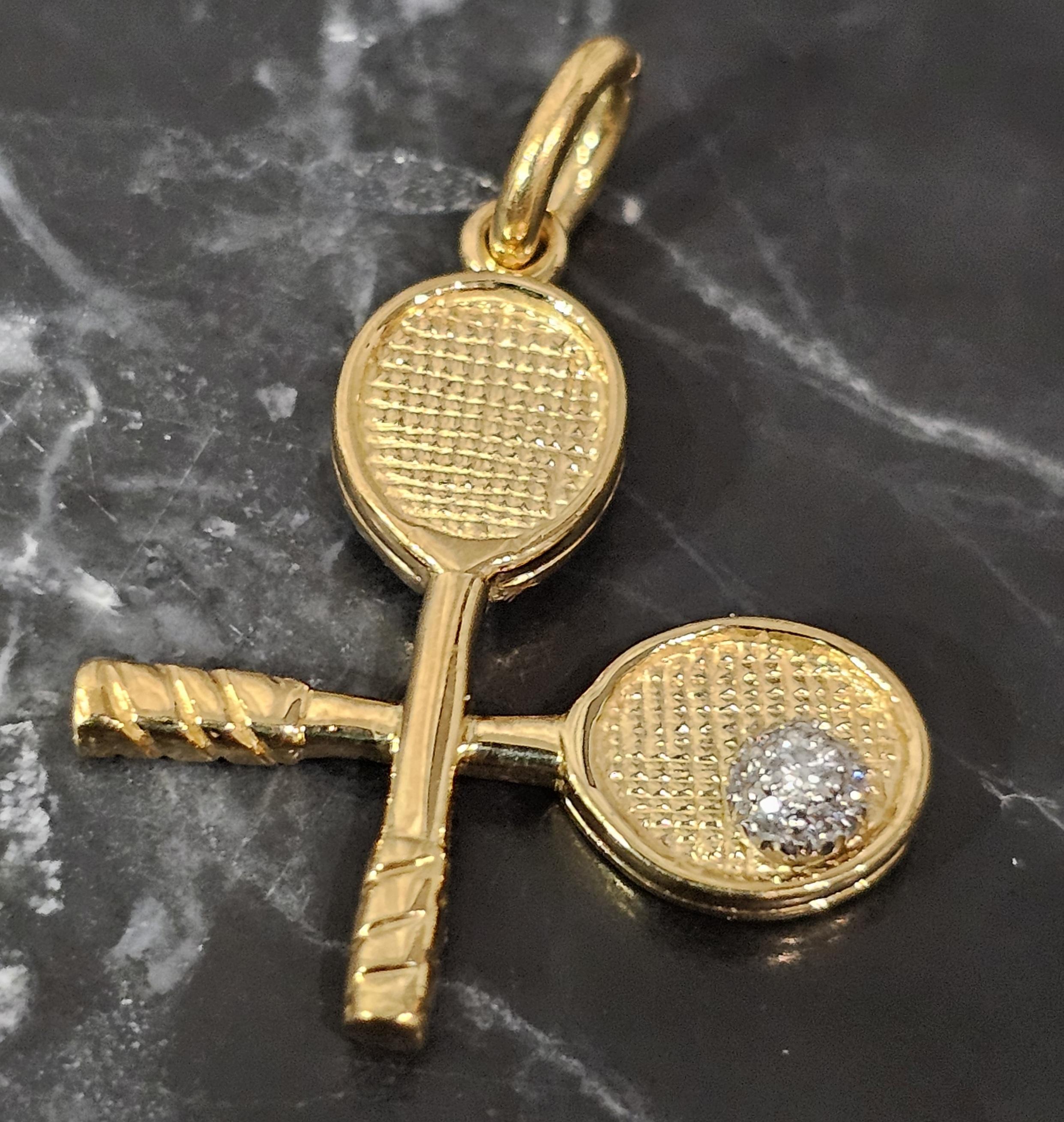 Tiffany & Co. 2 Double Tennis Racket Diamond Ball Charm Pendant 18k Yellow Gold 3