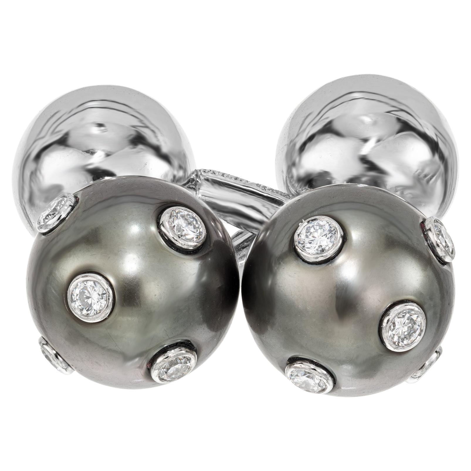 Tiffany & Co .20 Carat Diamond Black Pearl Platinum Barbell Cufflinks For Sale