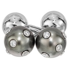 Tiffany & Co .20 Carat Diamond Black Pearl Platinum Barbell Cufflinks