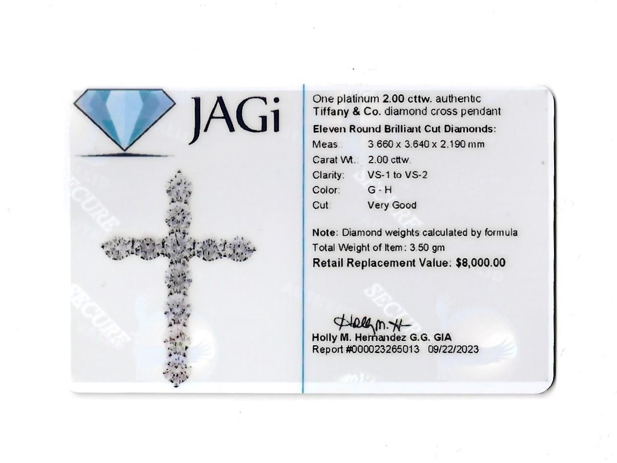 Women's or Men's Tiffany & Co. 2.00 Carat Total Round Diamond Cross Pendant in Platinum 