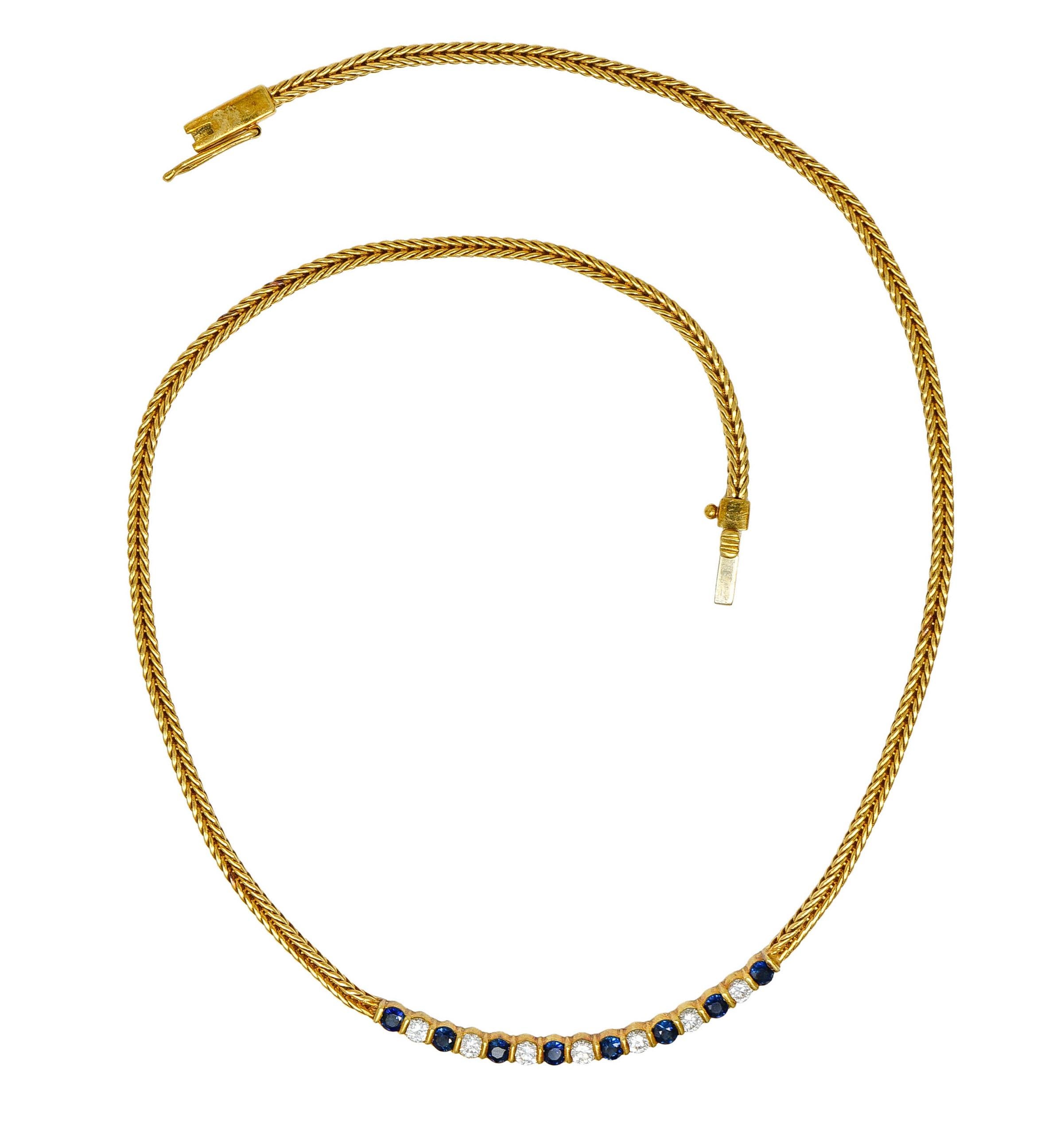 Necklace designed as a 3.0 mm finely braided wheat chain necklace

With central bar station featuring round brilliant cut diamonds and round sapphires

Sapphires are well matched dark saturated blue in color weighing approximately 1.25