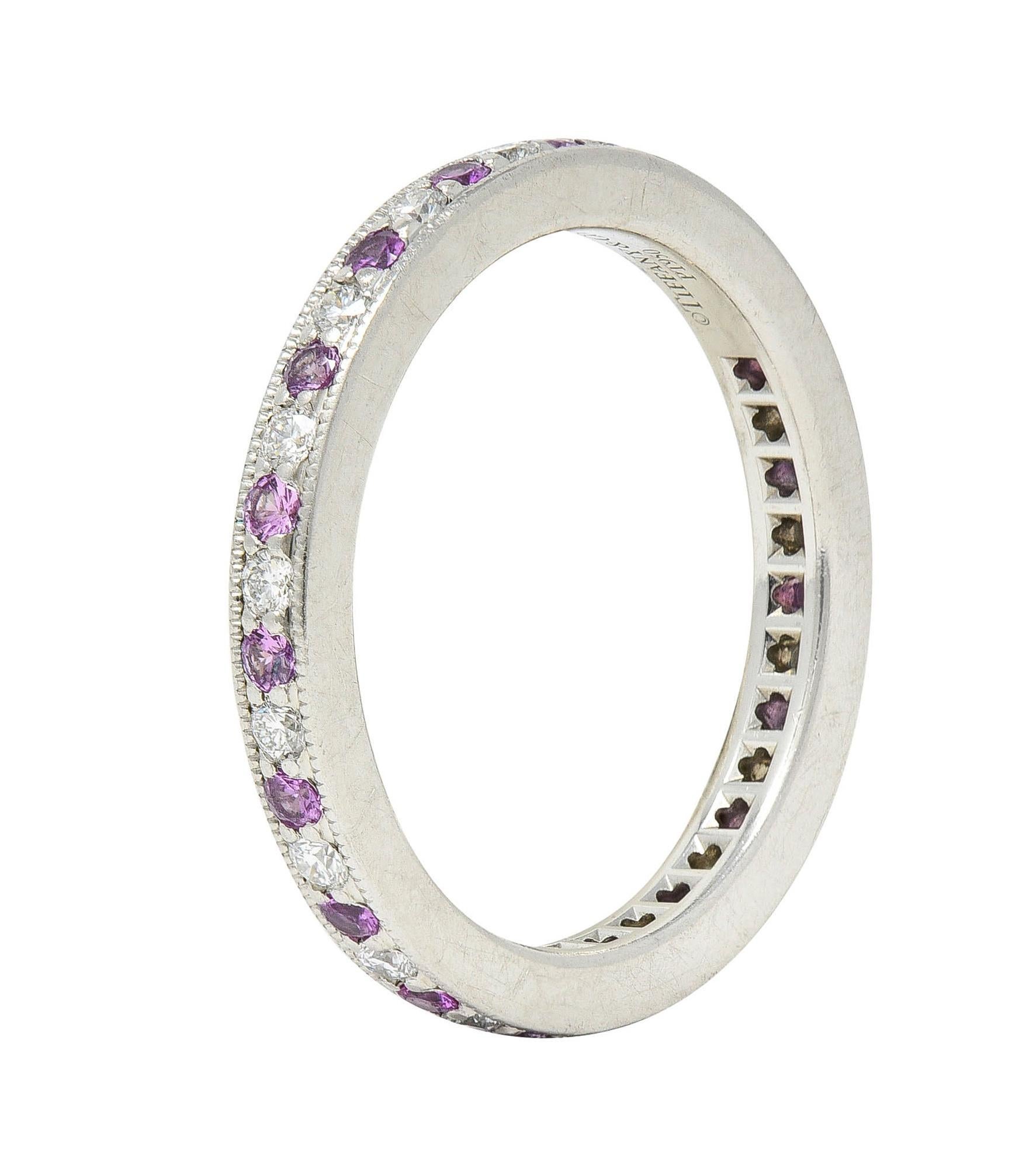 Bead set with diamonds and pink sapphires alternating in pattern fully around 
Diamonds weigh approximately 0.19 carat total - eye clean and bright
Sapphires are medium pink and weigh approximately 0.26 carat total
Accented by milgrain edges
Stamped