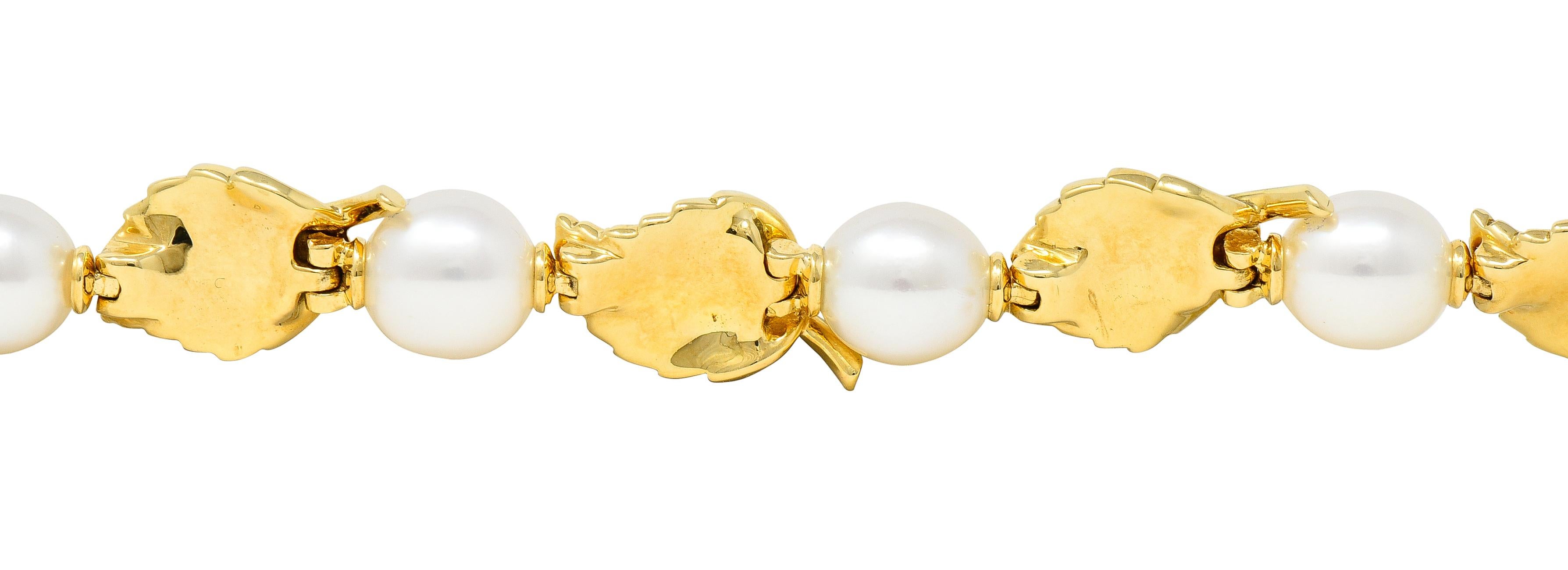 Tiffany & Co. 2003 Pearl 18 Karat Yellow Gold Leaf Vintage Link Bracelet 4