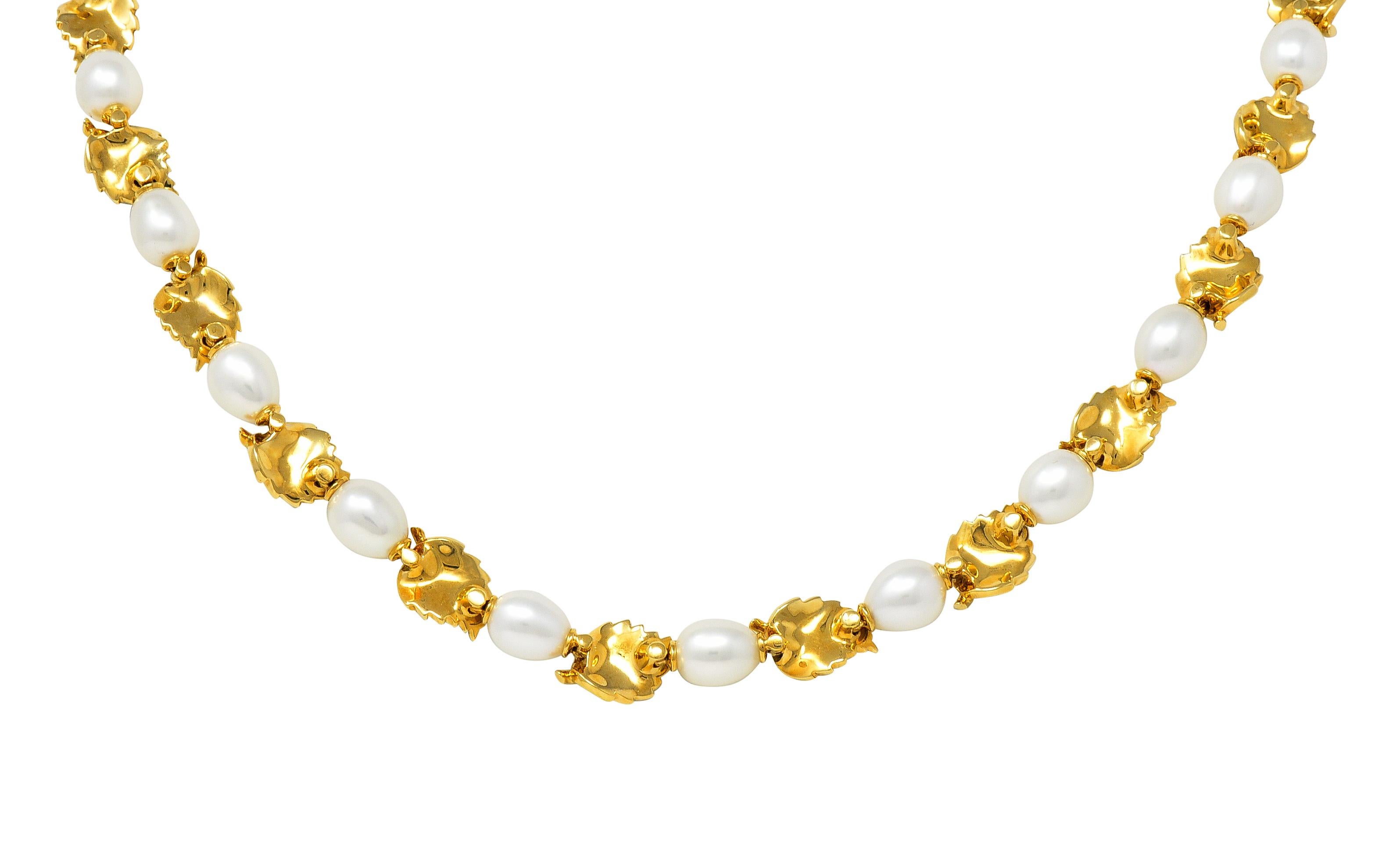 Uncut Tiffany & Co. 2003 Pearl 18 Karat Yellow Gold Leaf Vintage Link Necklace