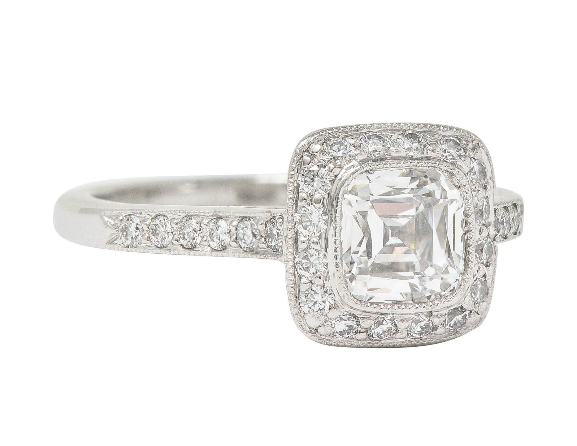 Cushion Cut Tiffany & Co 2008 1.41 CTW Cushion Diamond Platinum Legacy Halo Engagement Ring