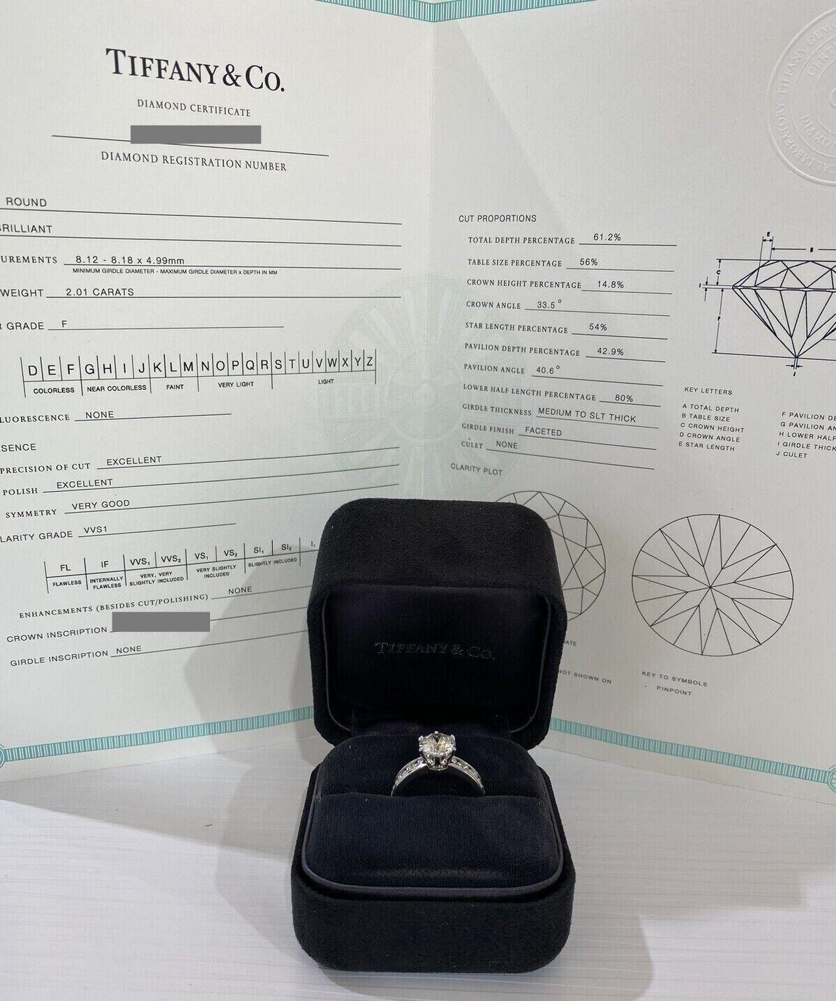 Women's Tiffany & Co. 2.01 Carat Center F-VVS1 Round Brilliant Diamond Ring in Platinum For Sale