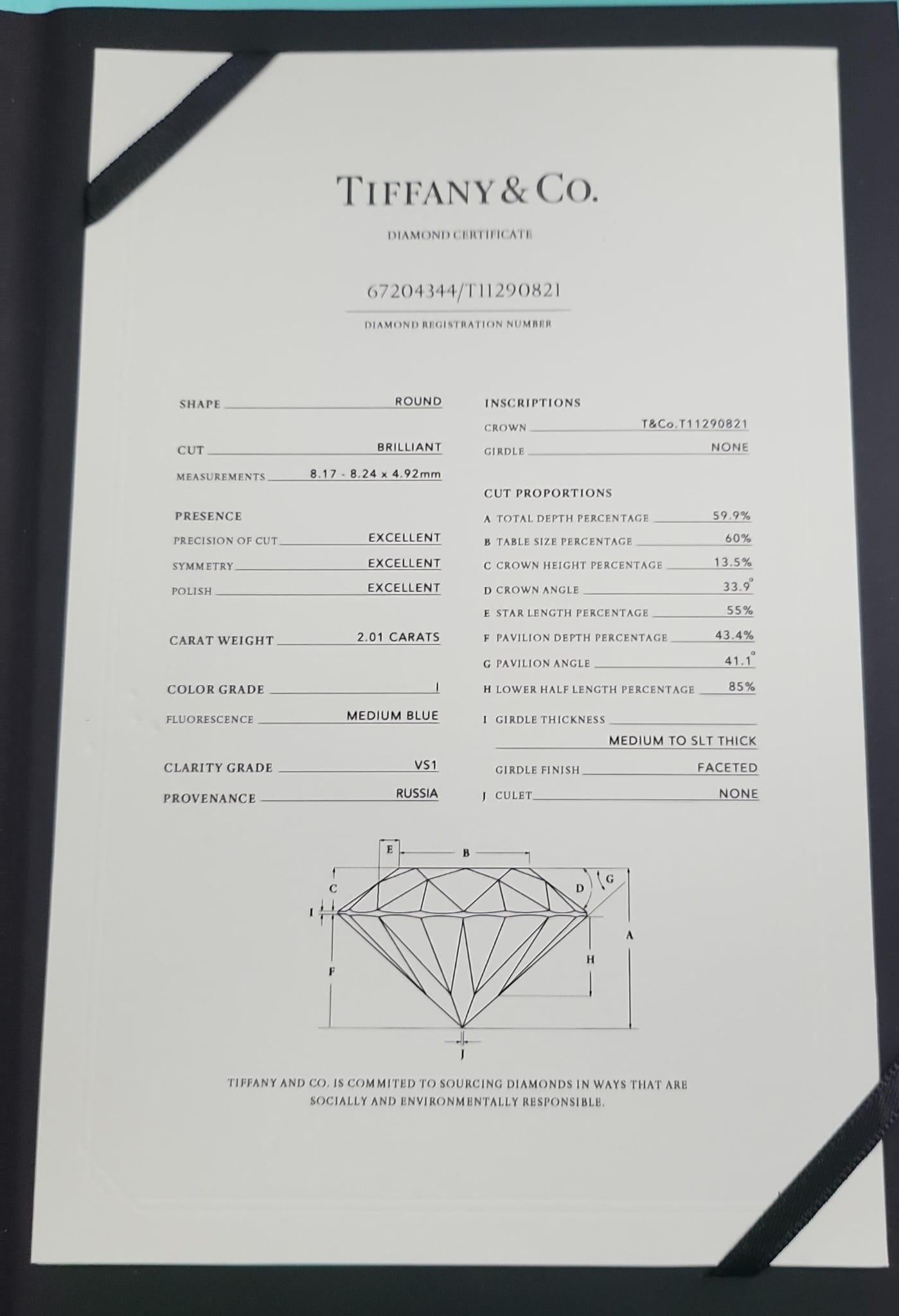 Tiffany & Co Anillo de compromiso en platino con diamante redondo brillante I VS1 de 2,01 quilates en venta 9