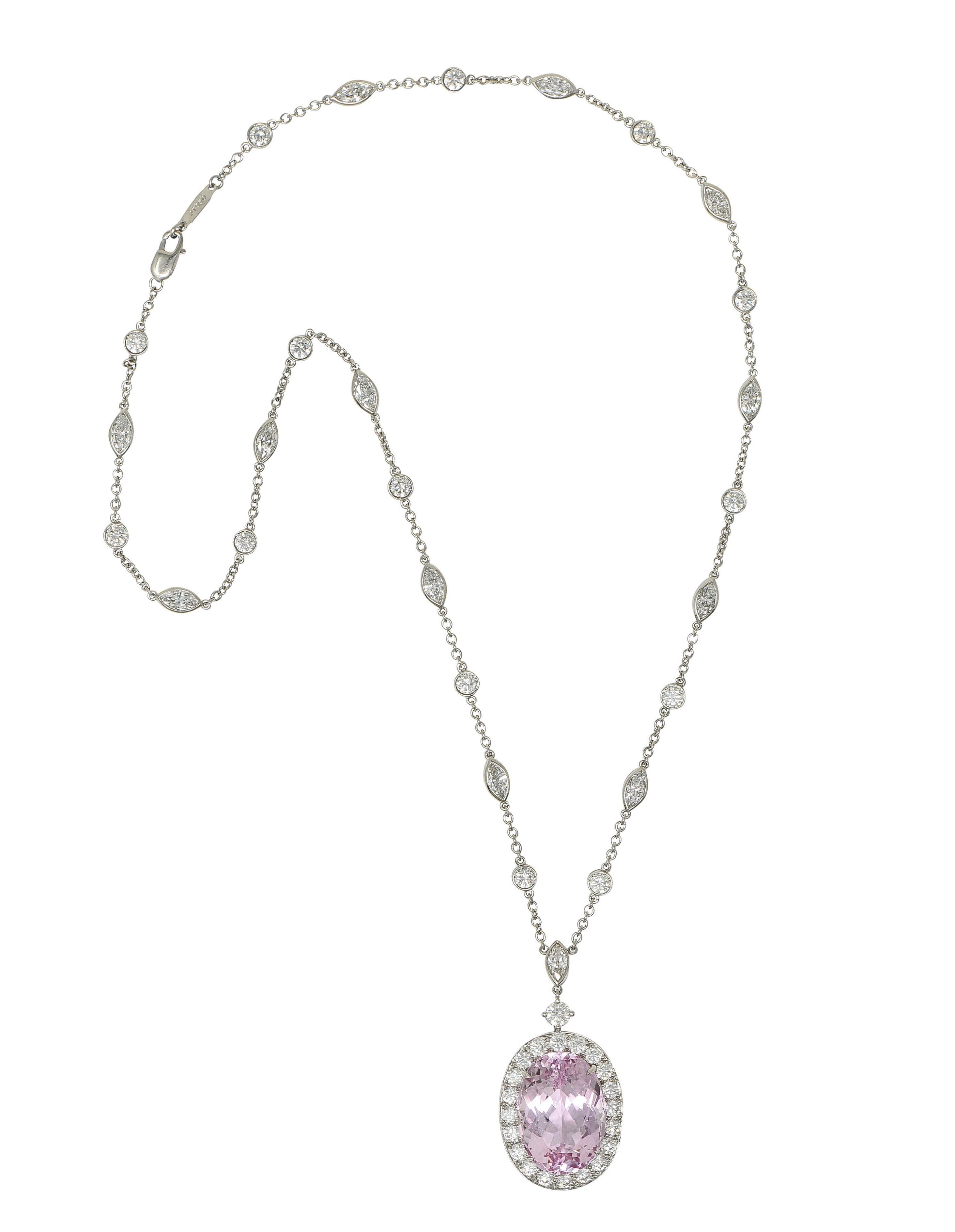 Oval Cut Tiffany & Co. 20.25 CTW Kunzite Diamond Platinum Station Drop Pendant Necklace For Sale