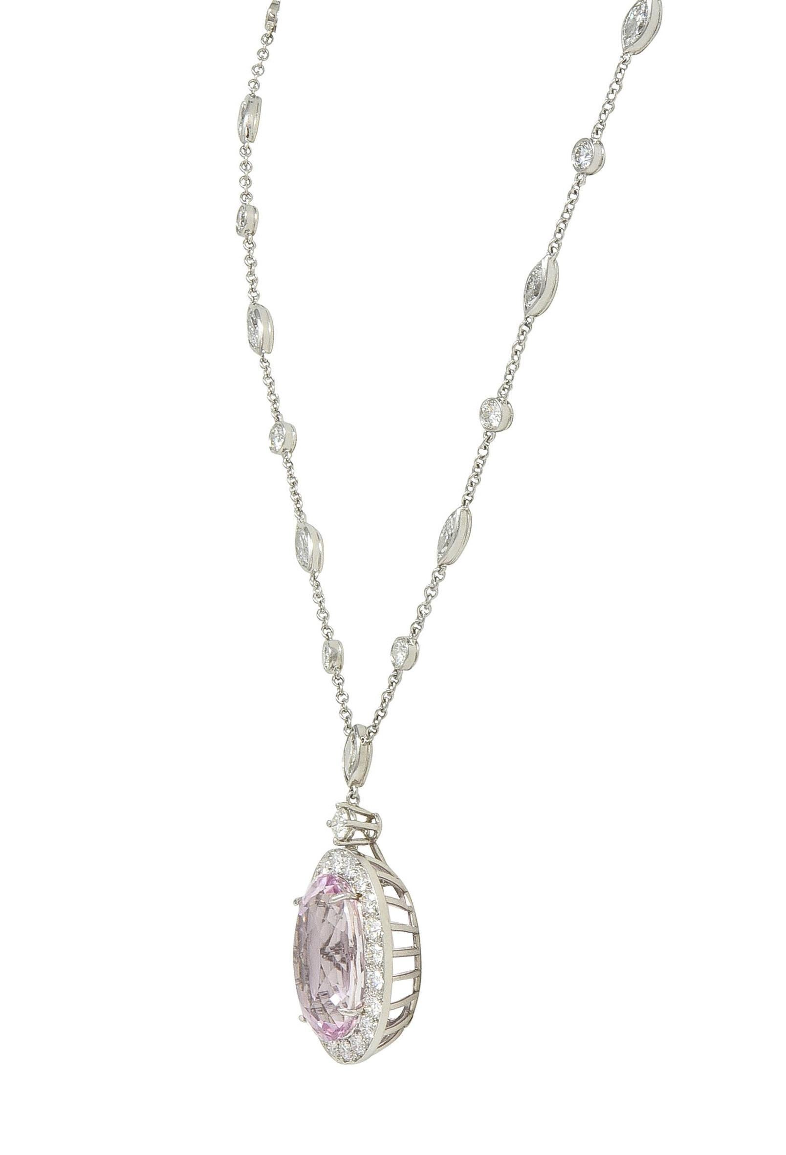 Tiffany & Co. 20.25 CTW Kunzite Diamond Platinum Station Drop Pendant Necklace In Excellent Condition For Sale In Philadelphia, PA