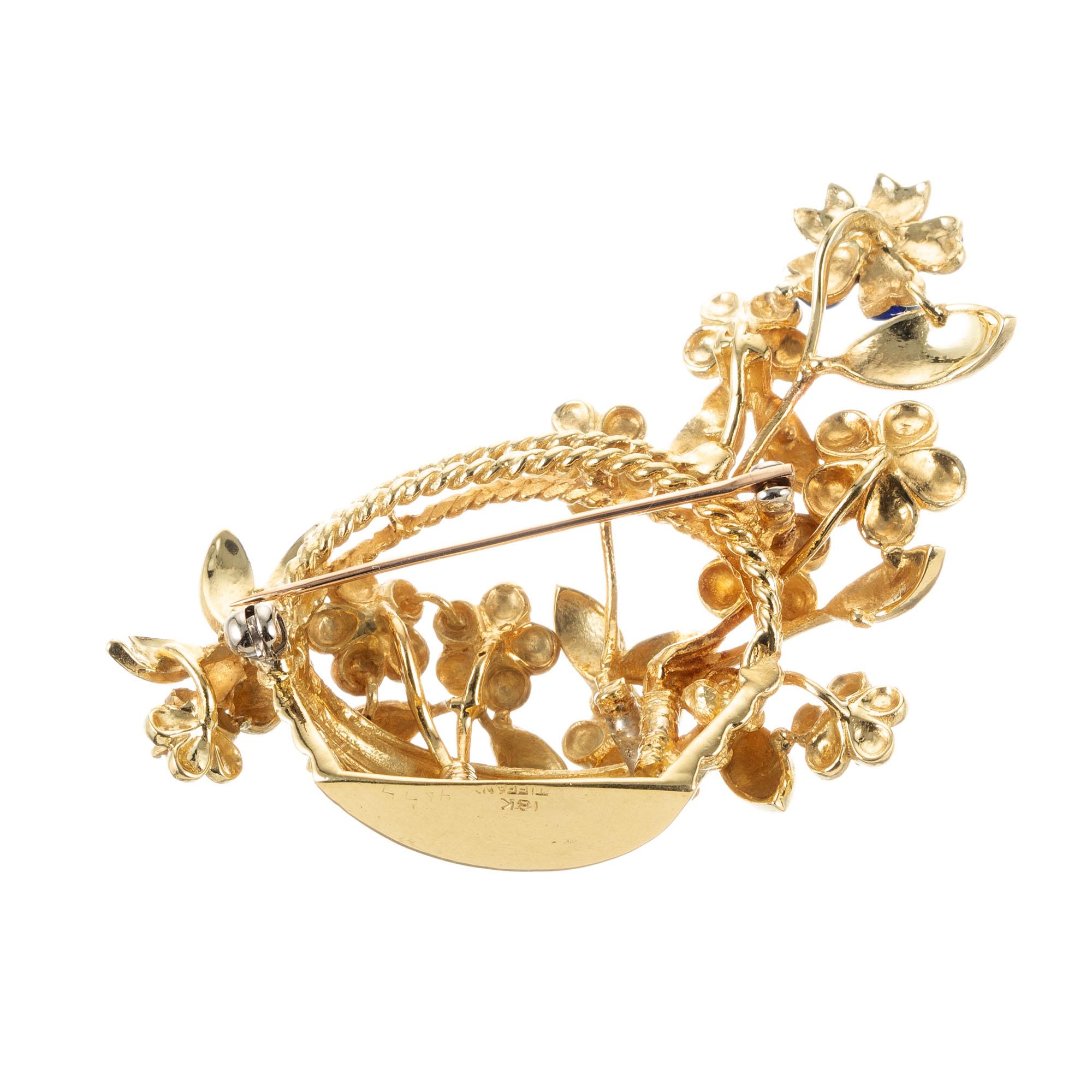 Round Cut Tiffany & Co .22 Carat Diamond Enamel Yellow Gold Flower Basket Brooch