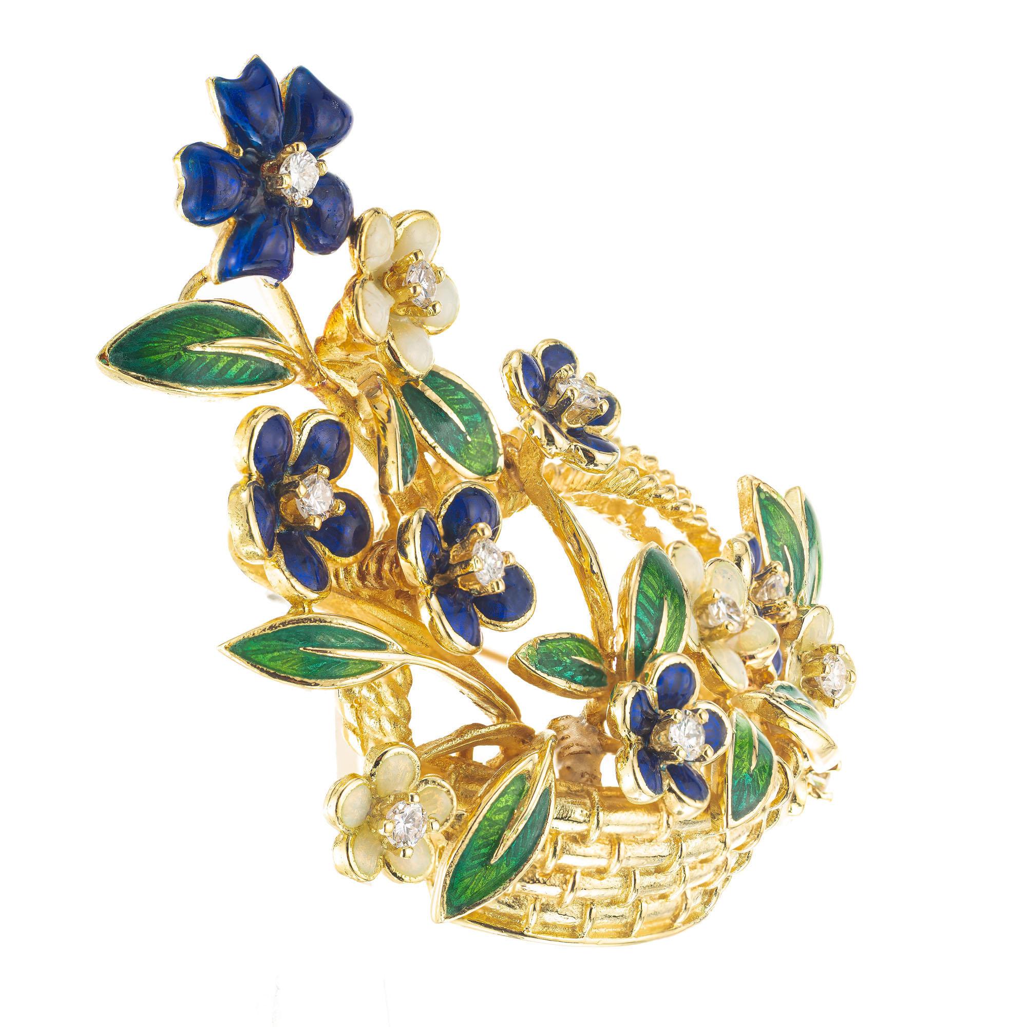 Tiffany & Co .22 Carat Diamond Enamel Yellow Gold Flower Basket Brooch In Good Condition In Stamford, CT