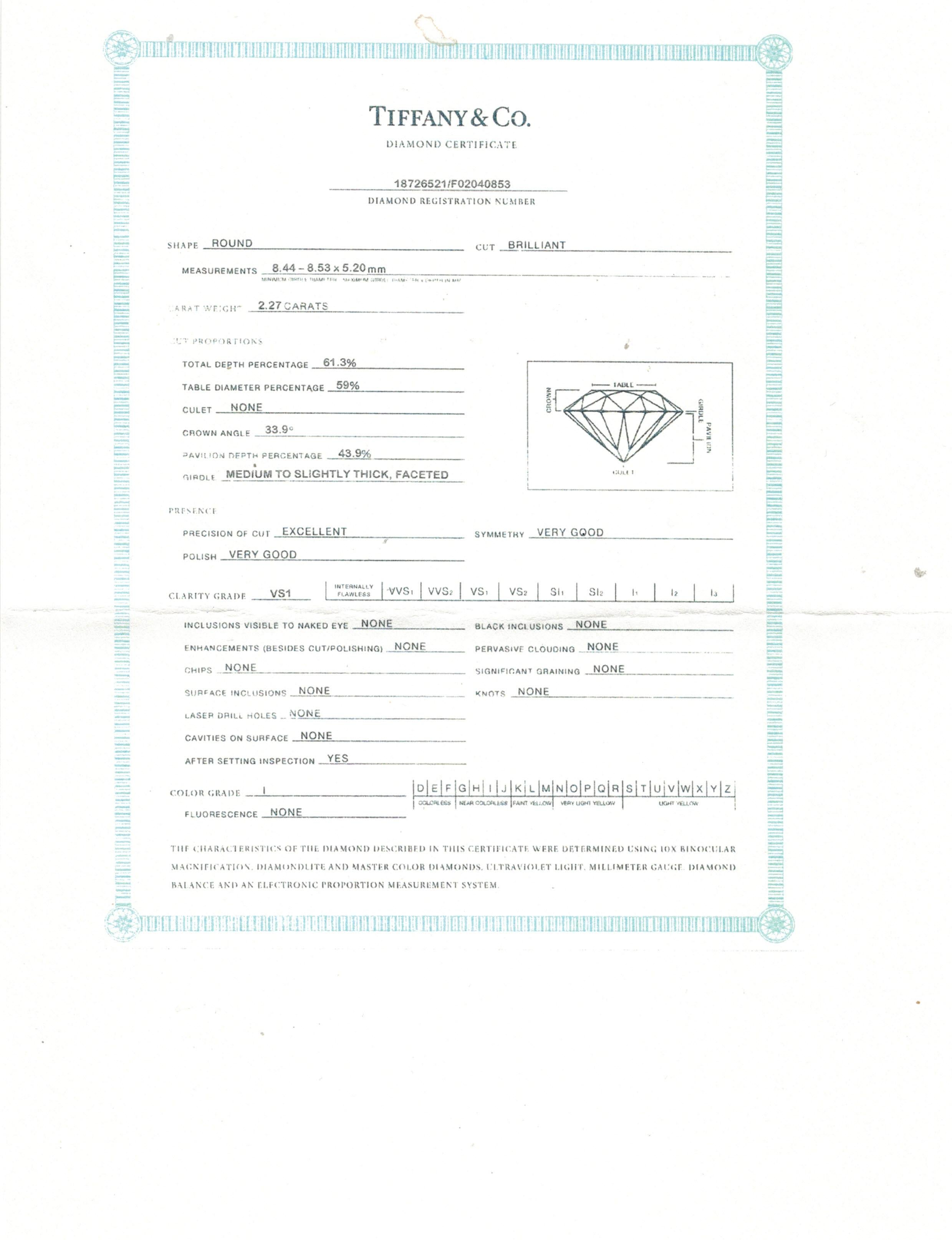 Tiffany & Co. Bague de fiançailles solitaire en diamants de 2,27 carats en vente 1