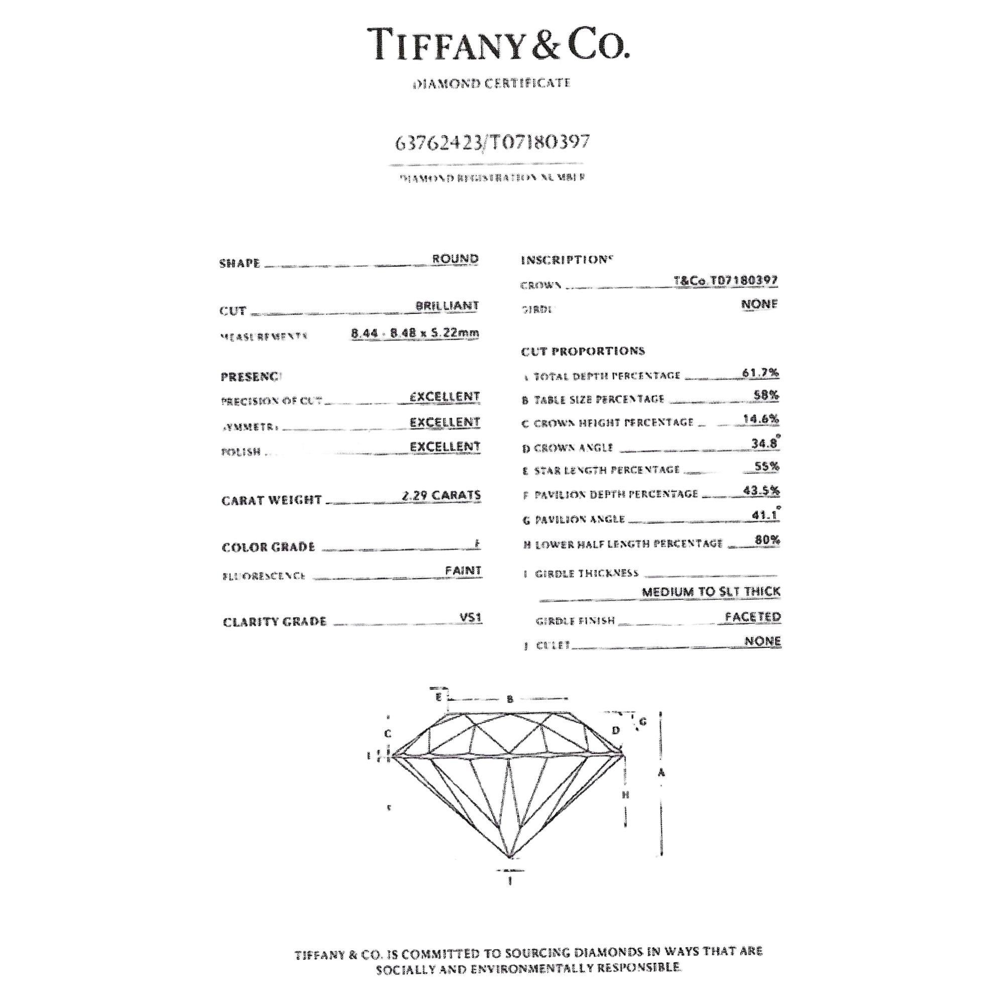 Tiffany & Co. 2.29 Carat Round Diamond Solitaire 6 Prong Engagement Ring, F/VS1  For Sale 6