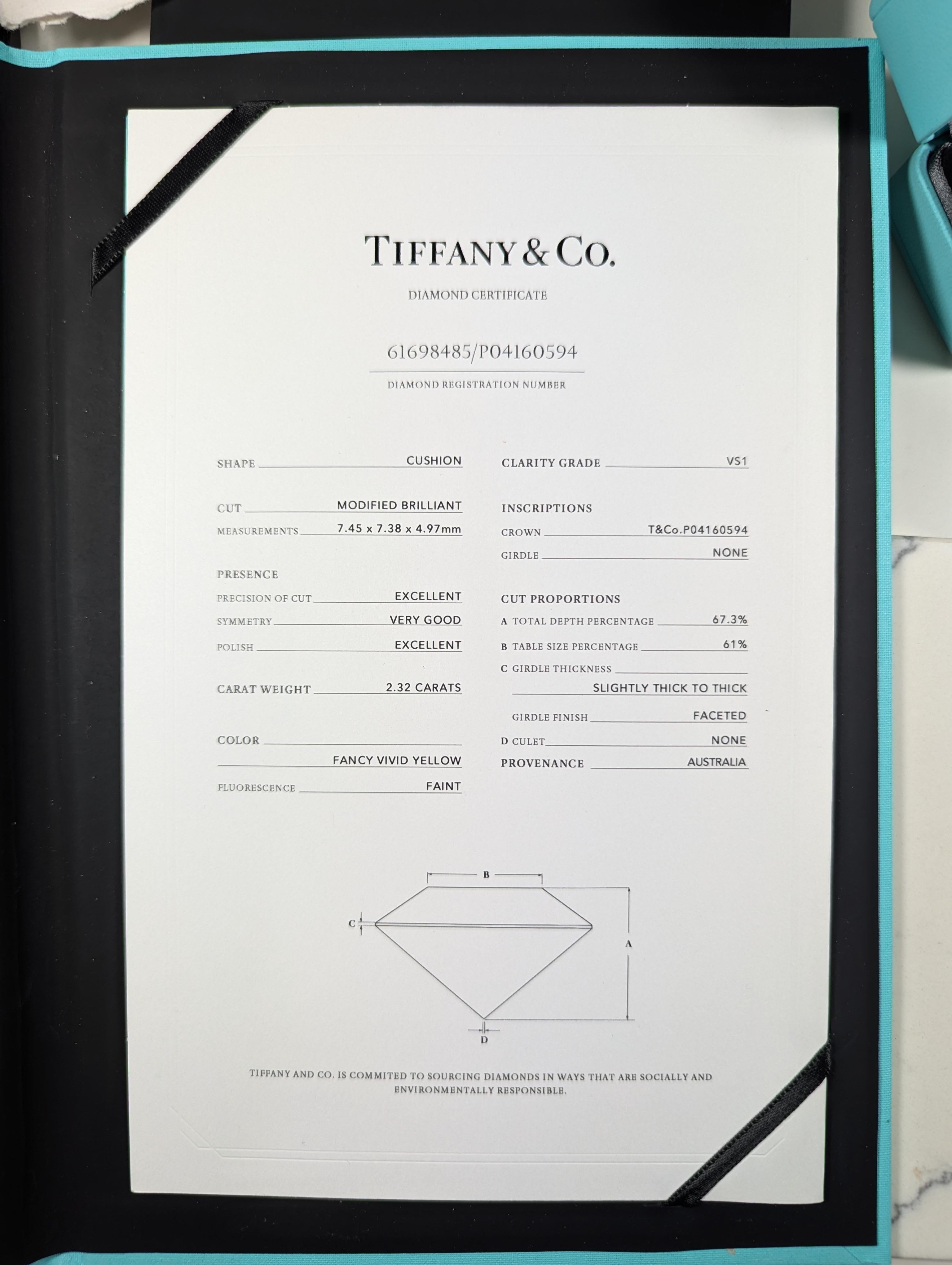 Scopri l'eleganza senza tempo di questo capolavoro unico di Tiffany & Co. Con un diamante Fancy Vivid Yellow Cushion-Cut da 2,32 carati, questo straordinario anello testimonia l'impareggiabile maestria e tradizione di Tiffany. Classificato di