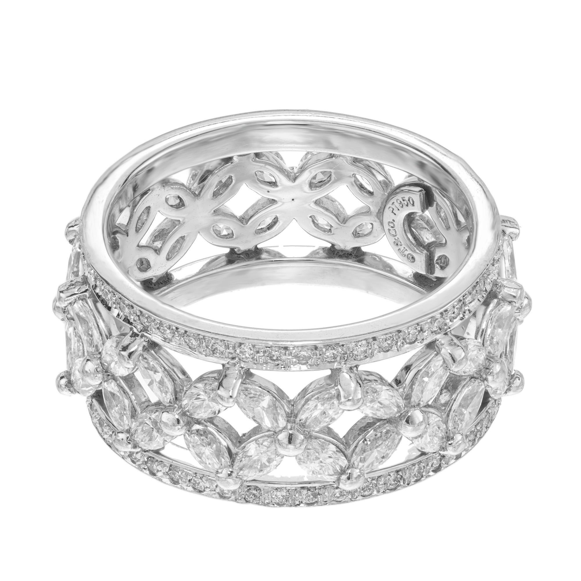 Excellent Tiffany & Co Victoria platinum band ring. Stunning with magnificent brilliance. This Tiffany classic is adorned with 48 marquise cut diamonds with an approximate total carat weighty of 2.00cts. Accented with 91 round brilliant cut diamonds