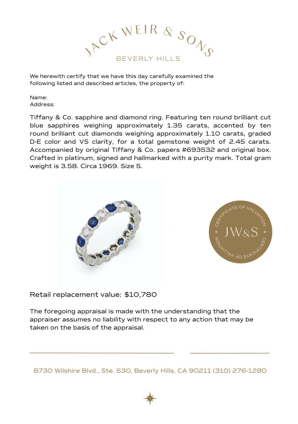 Tiffany & Co. Bracelet d'éternité en platine avec saphirs et diamants de 2,45 carats Pour femmes en vente