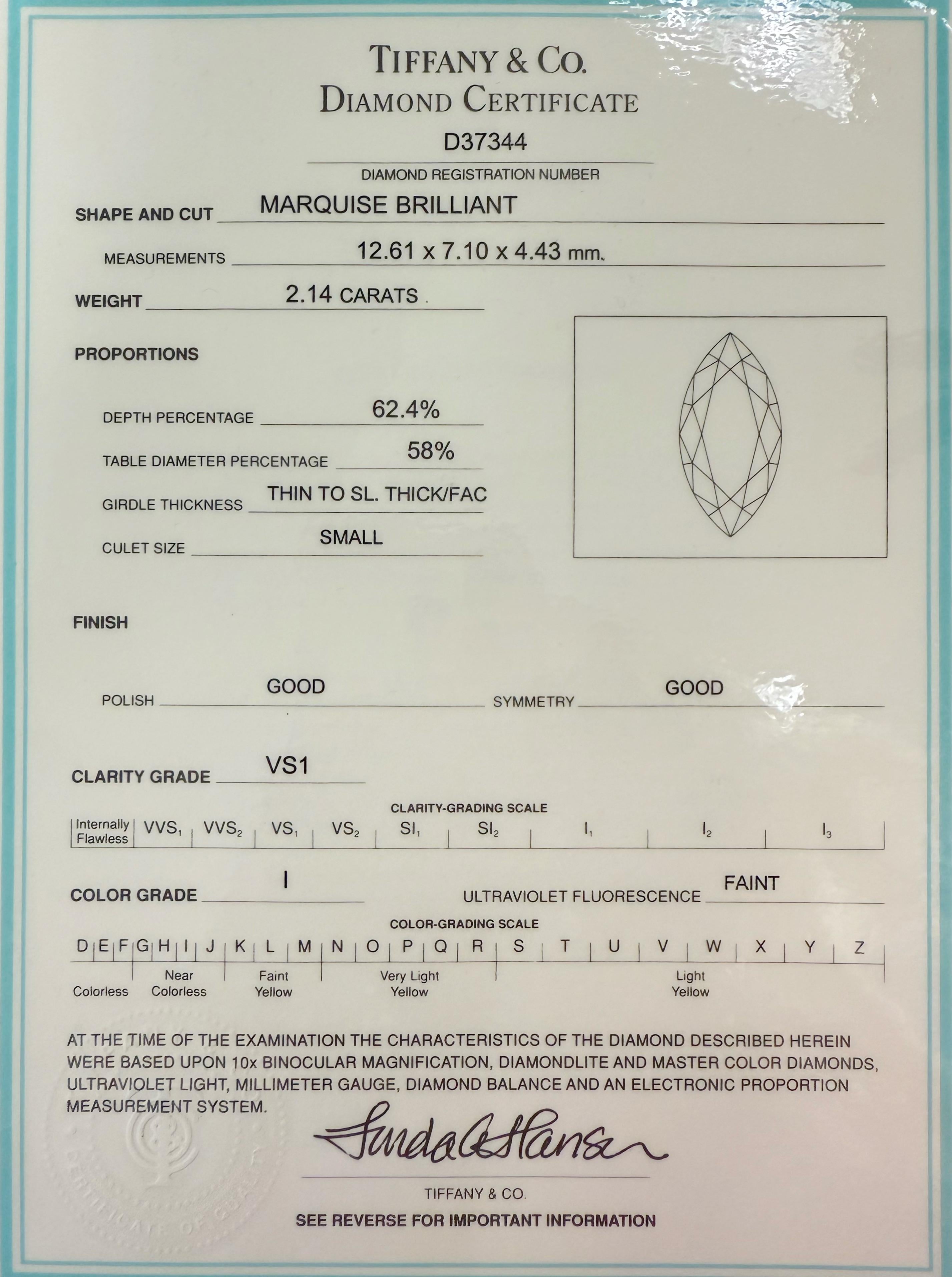 Tiffany & Co., 2.47 Carat Marquise Cut Diamond Engagement Ring For Sale 4