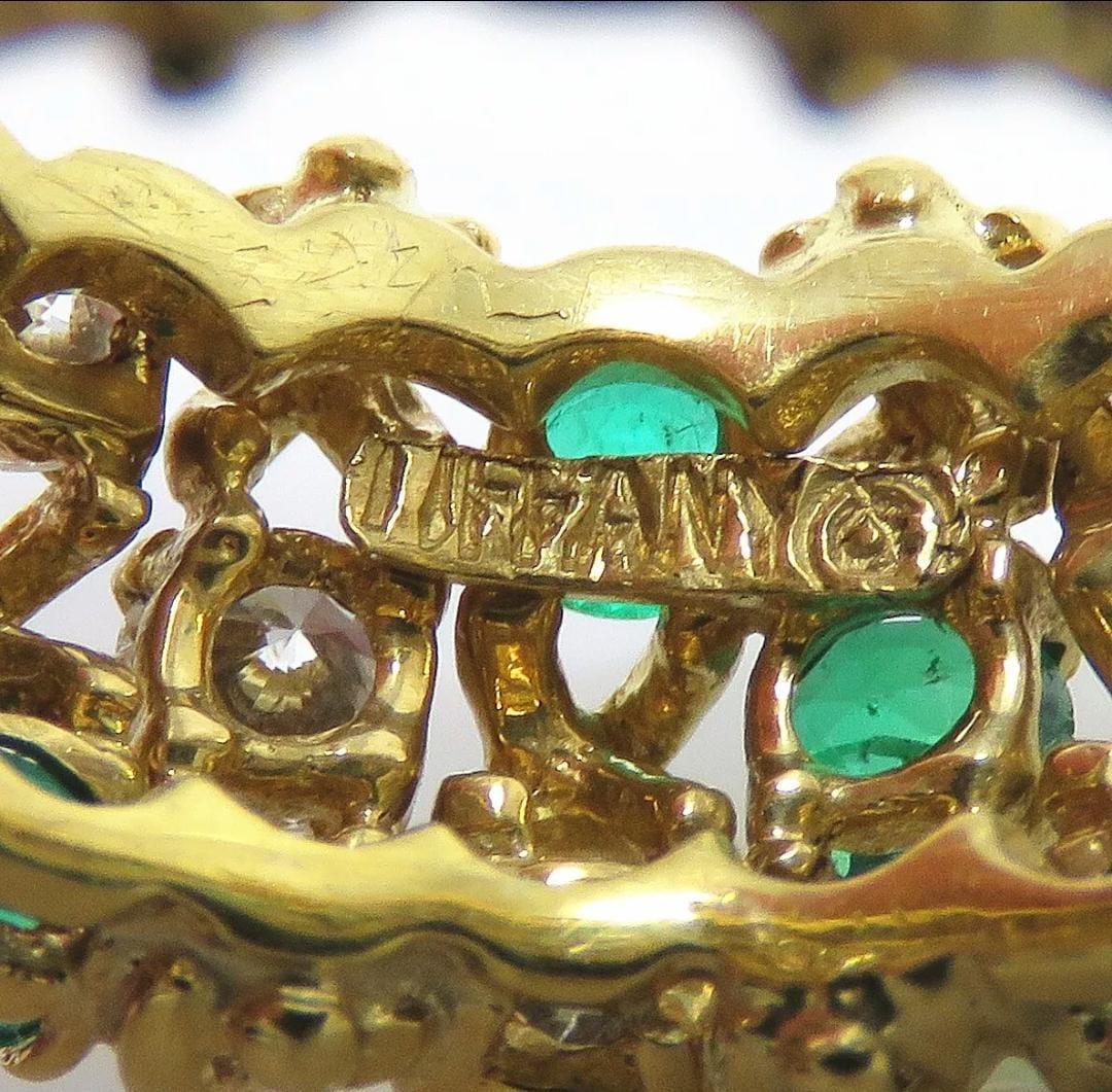 Tiffany & Co. Diamonds 1.4ct TW, most about F-G and VS range

Emeralds tested and are natural, approx 1.1ct TW

Marked: Tiffany 18k

Ring size 6.25

Total Weight: 8.2 grams