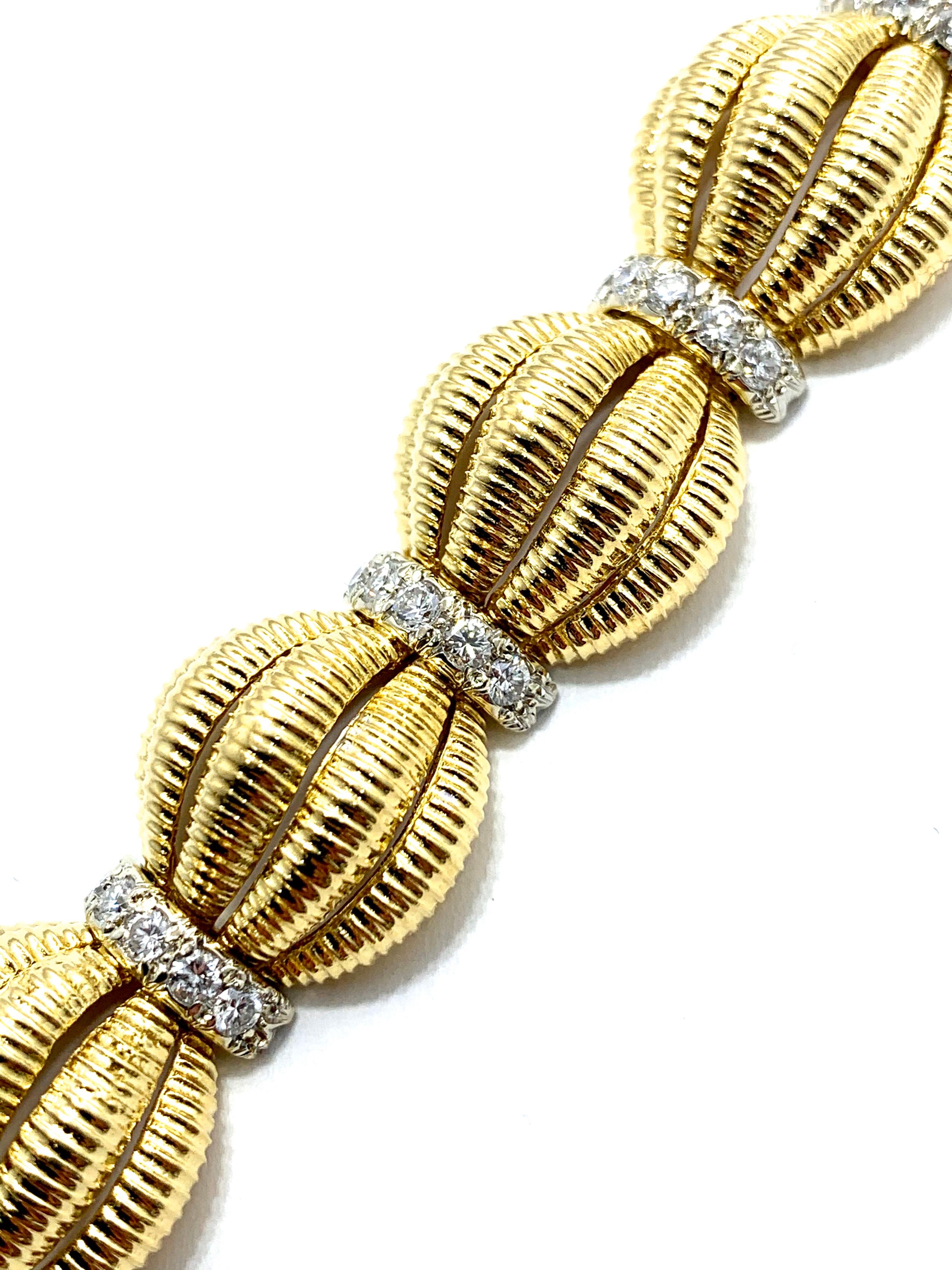 Tiffany & Co. 2.50 Carat Round Diamond and Domed Textured Gold Link Bracelet In Excellent Condition In Chevy Chase, MD