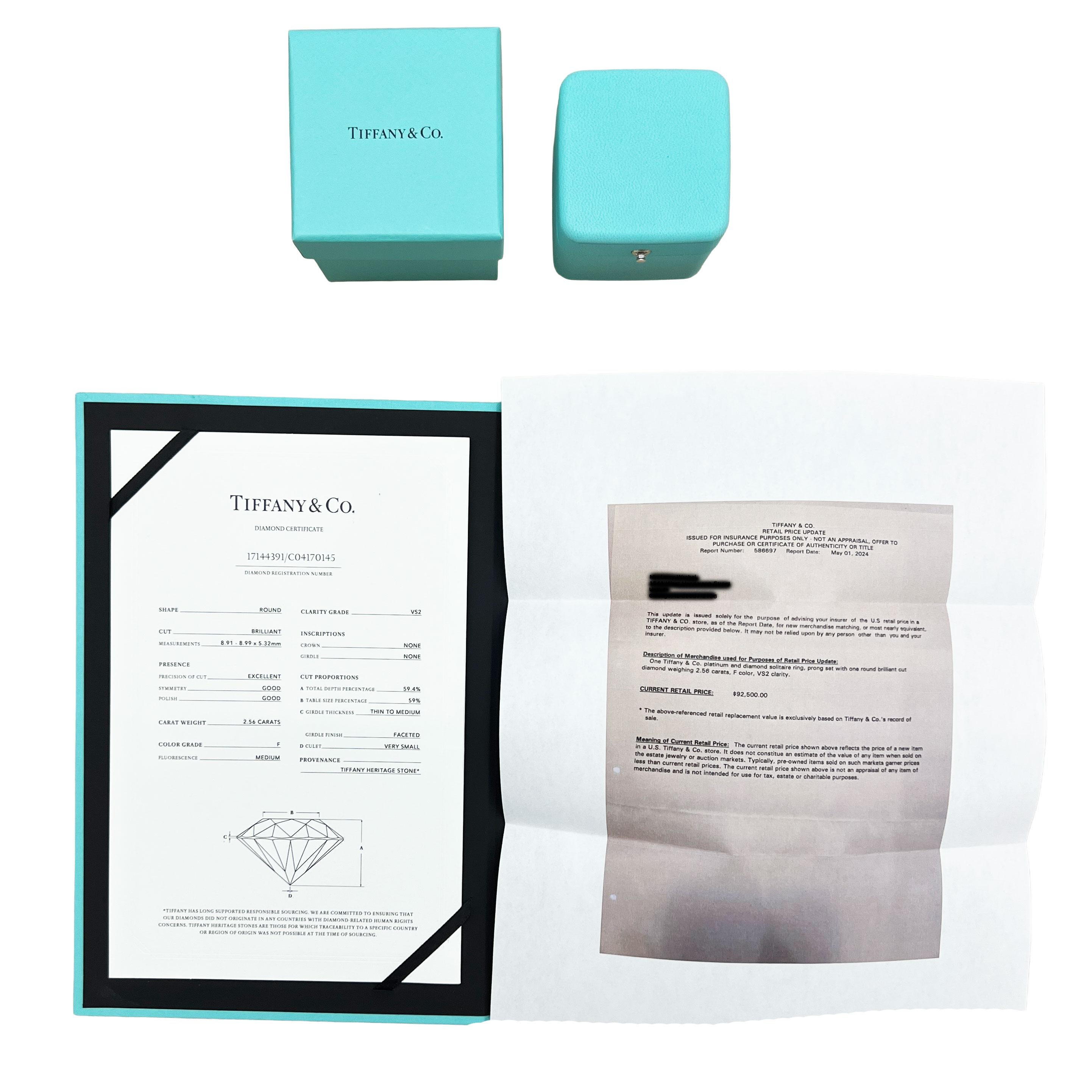 Tiffany & Co. Bague de fiançailles à diamants ronds et brillants de 2.56 ct en vente 2