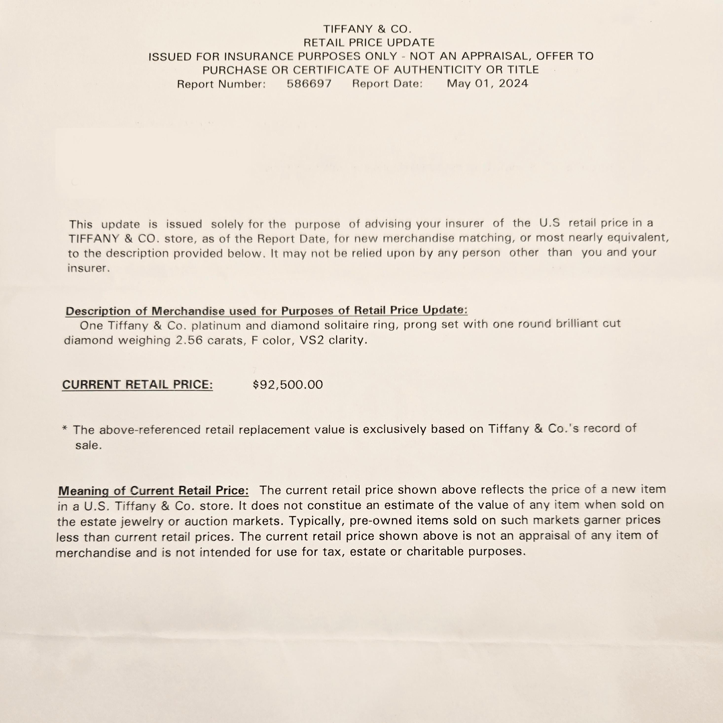 Tiffany & Co. Bague de fiançailles à diamants ronds et brillants de 2.56 ct en vente 3