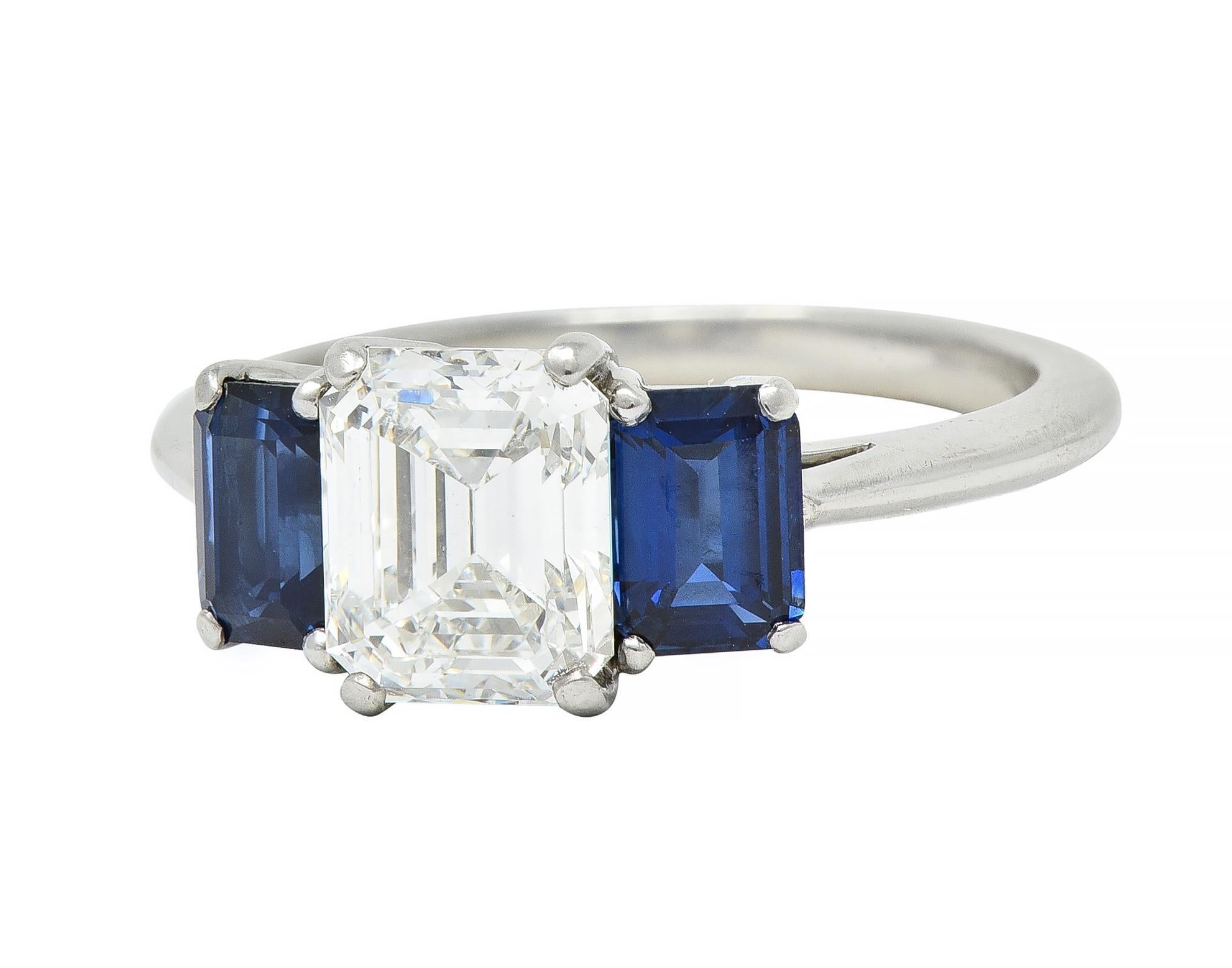 Women's or Men's Tiffany & Co. 2.71 CTW Emerald Cut Diamond Sapphire Platinum Ring GIA For Sale