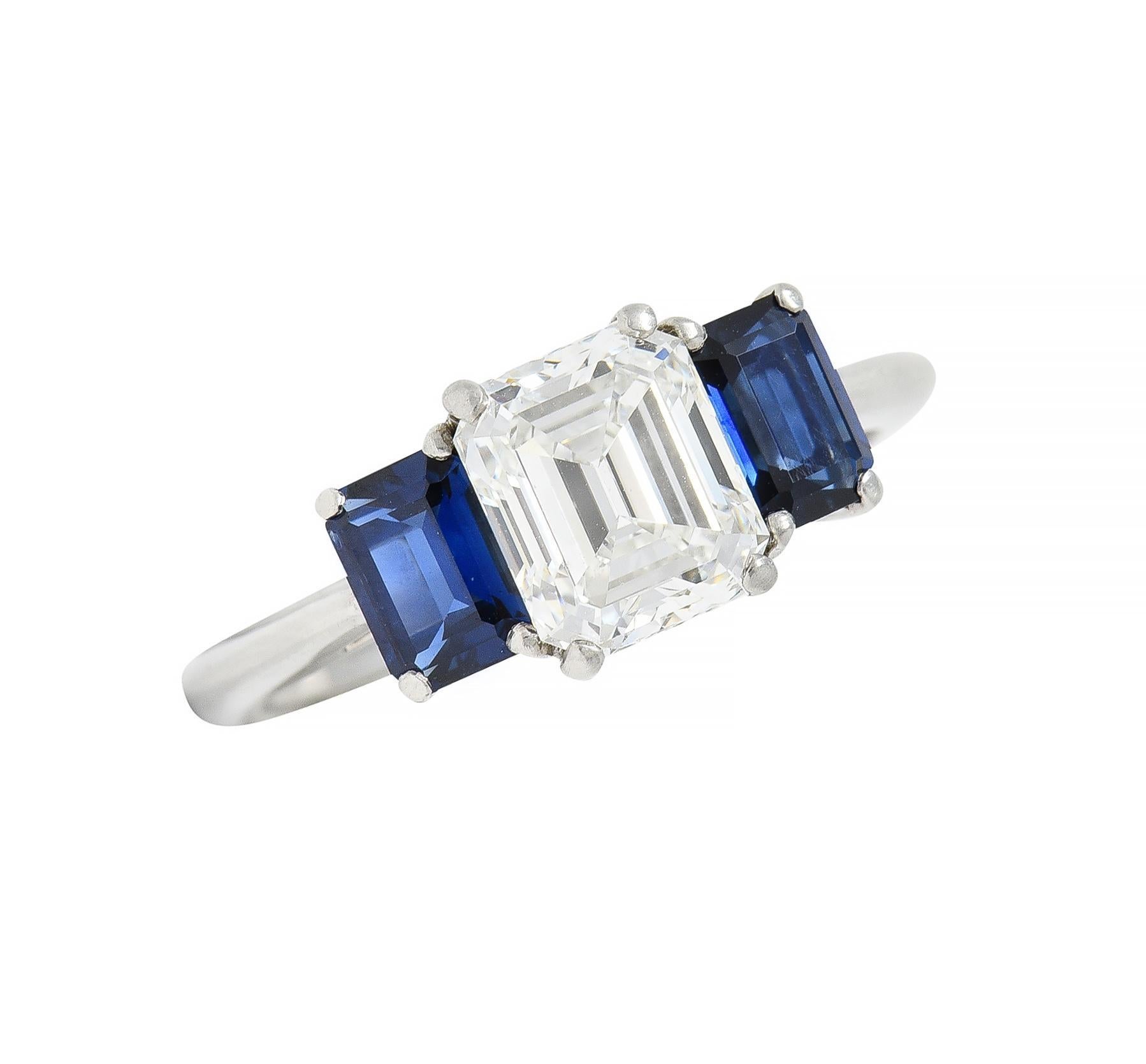 Women's or Men's Tiffany & Co. 2.71 CTW Emerald Cut Diamond Sapphire Platinum Ring GIA For Sale