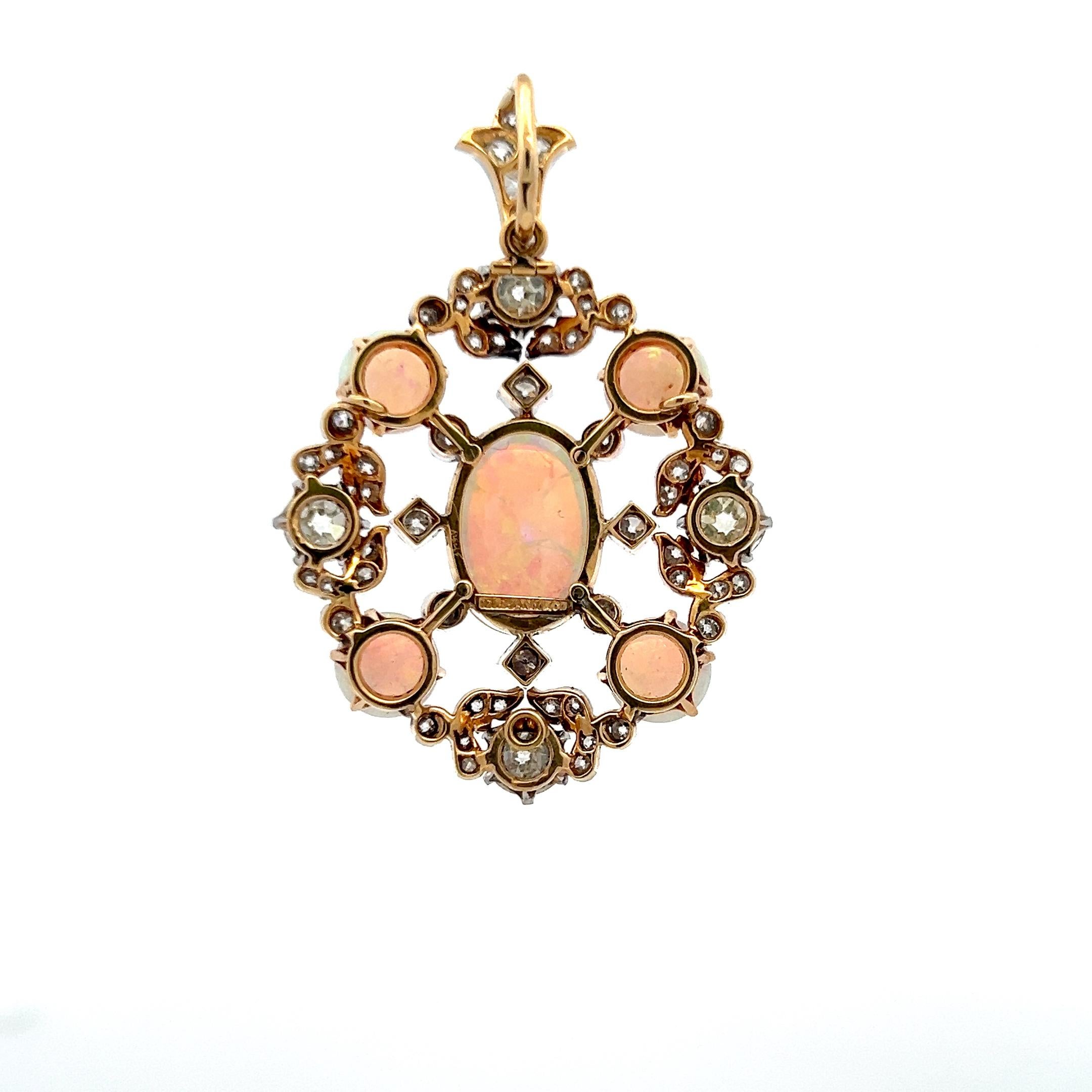 Tiffany & Co 2.80 Carat Old European Cut Diamond 18K Gold-Plat Opal Pendant In Good Condition For Sale In New York, NY