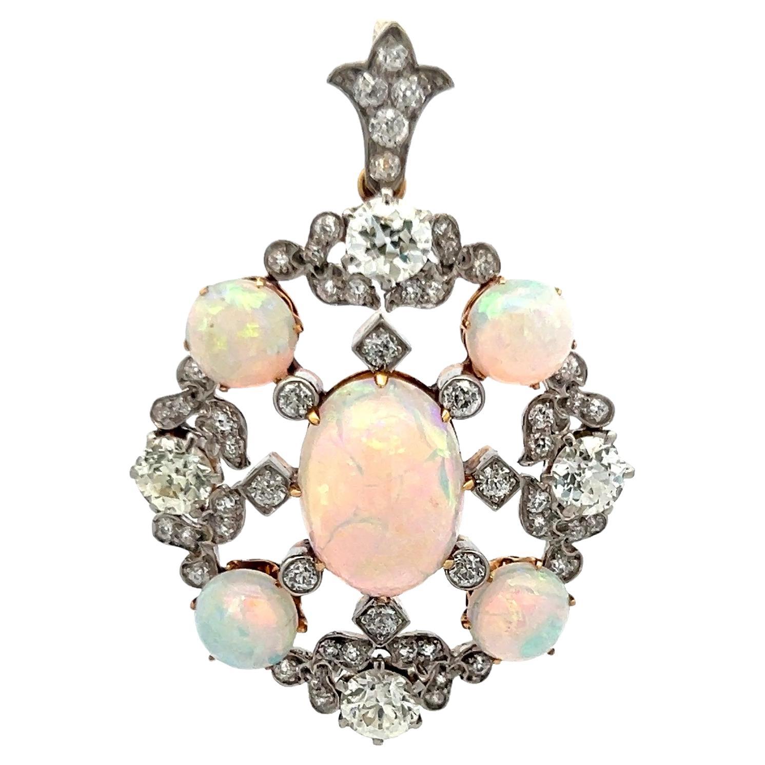 Tiffany & Co 2.80 Carat Old European Cut Diamond 18K Gold-Plat Opal Pendant For Sale