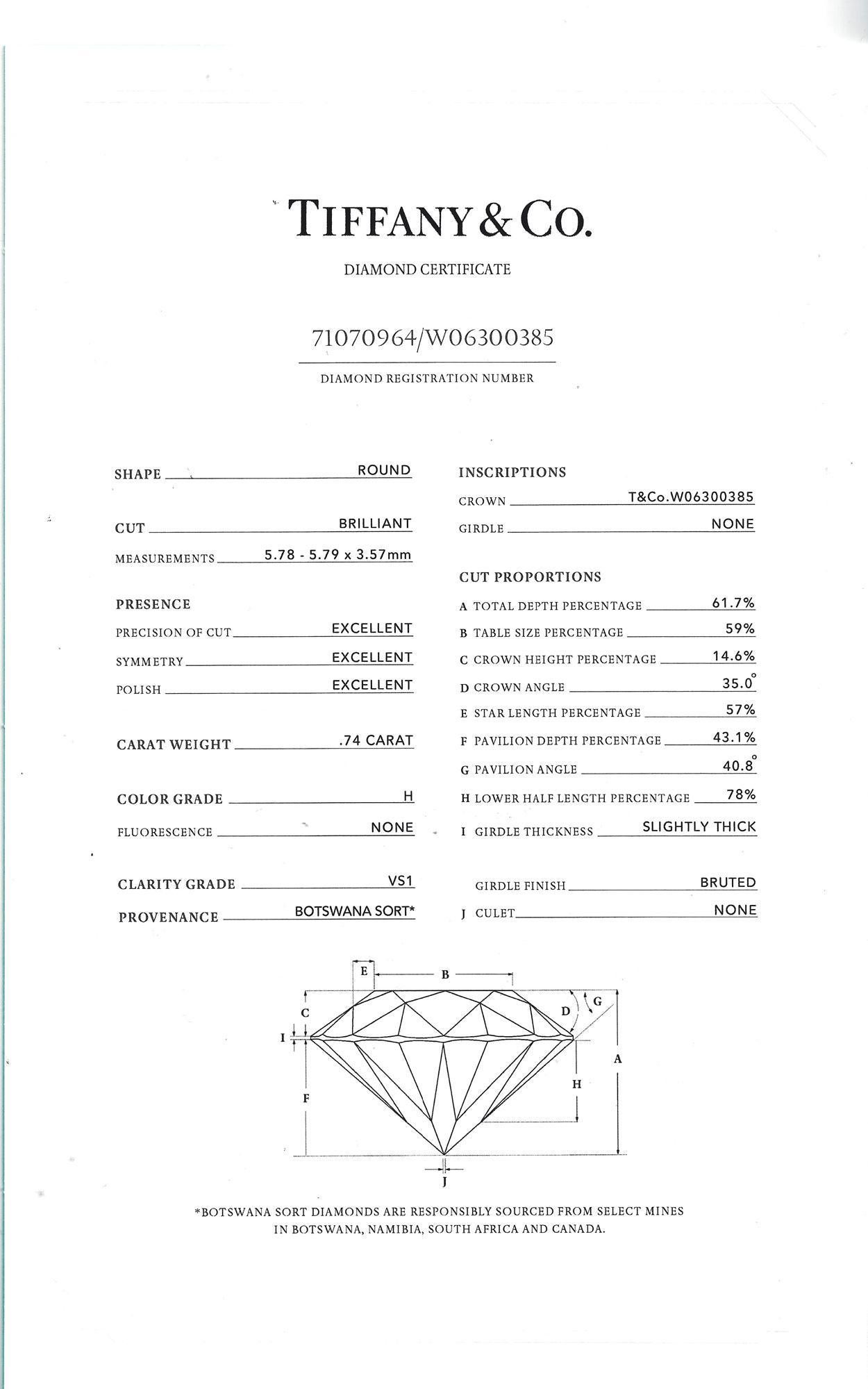 Women's Tiffany & Co 3/4 Carat Round Diamond Platinum Solitaire Engagement Ring For Sale
