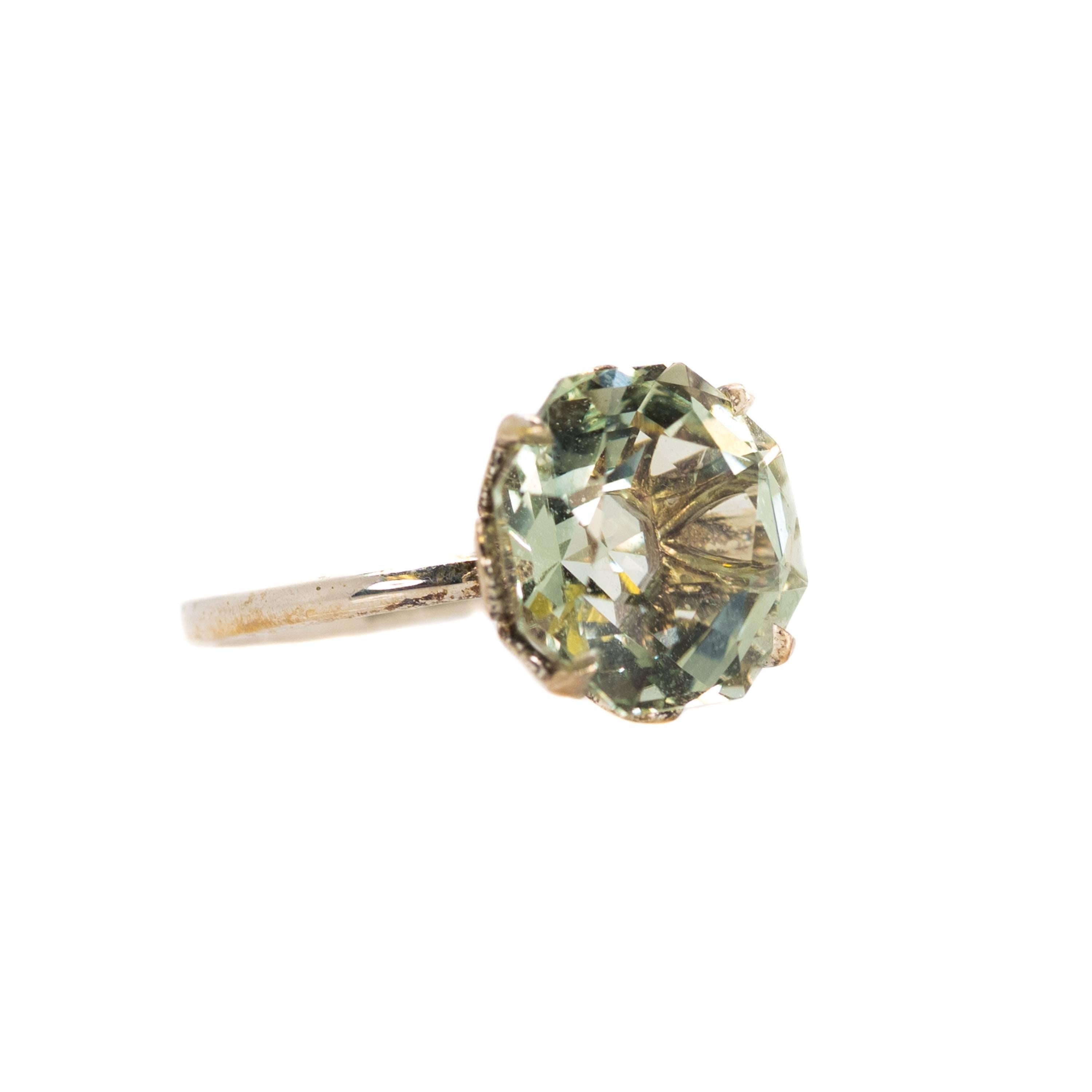 Tiffany and Co. 3.0 carat Octagon, Brilliant cut Prasiolite Ring - Sterling Silver, Prasiolite

Features a 3.0 carat very clear, pale green Prasiolite securely set with 4 prongs. This sparkling gemstone has light aqua blue and pale yellow hues and