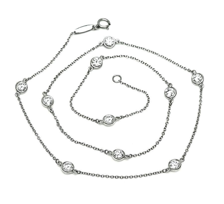 This is a beautiful platinum by the yard necklace by Tiffany & Co. The necklace is set with sparkling round cut diamonds that weigh approximately 3.00ct. The color of these diamonds is E-F with VVS clarity. The necklace measures 16 inches in length