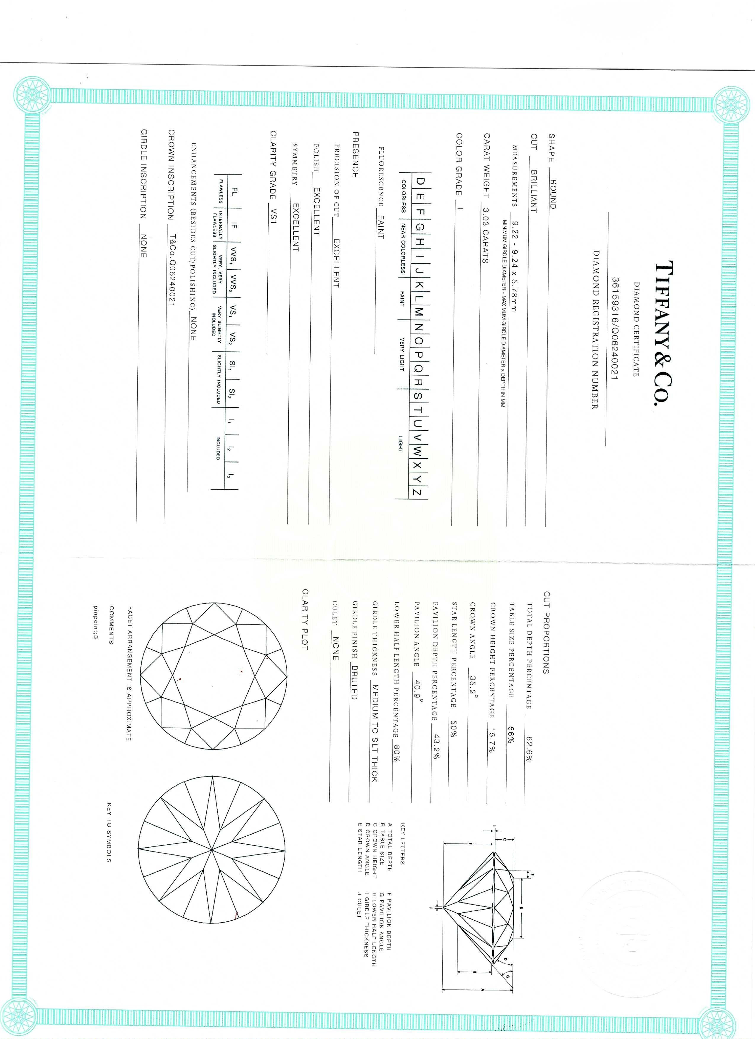 Tiffany & Co 3.03 Carat Round Brilliant I VS1 Diamond Platinum Engagement Ring For Sale 9