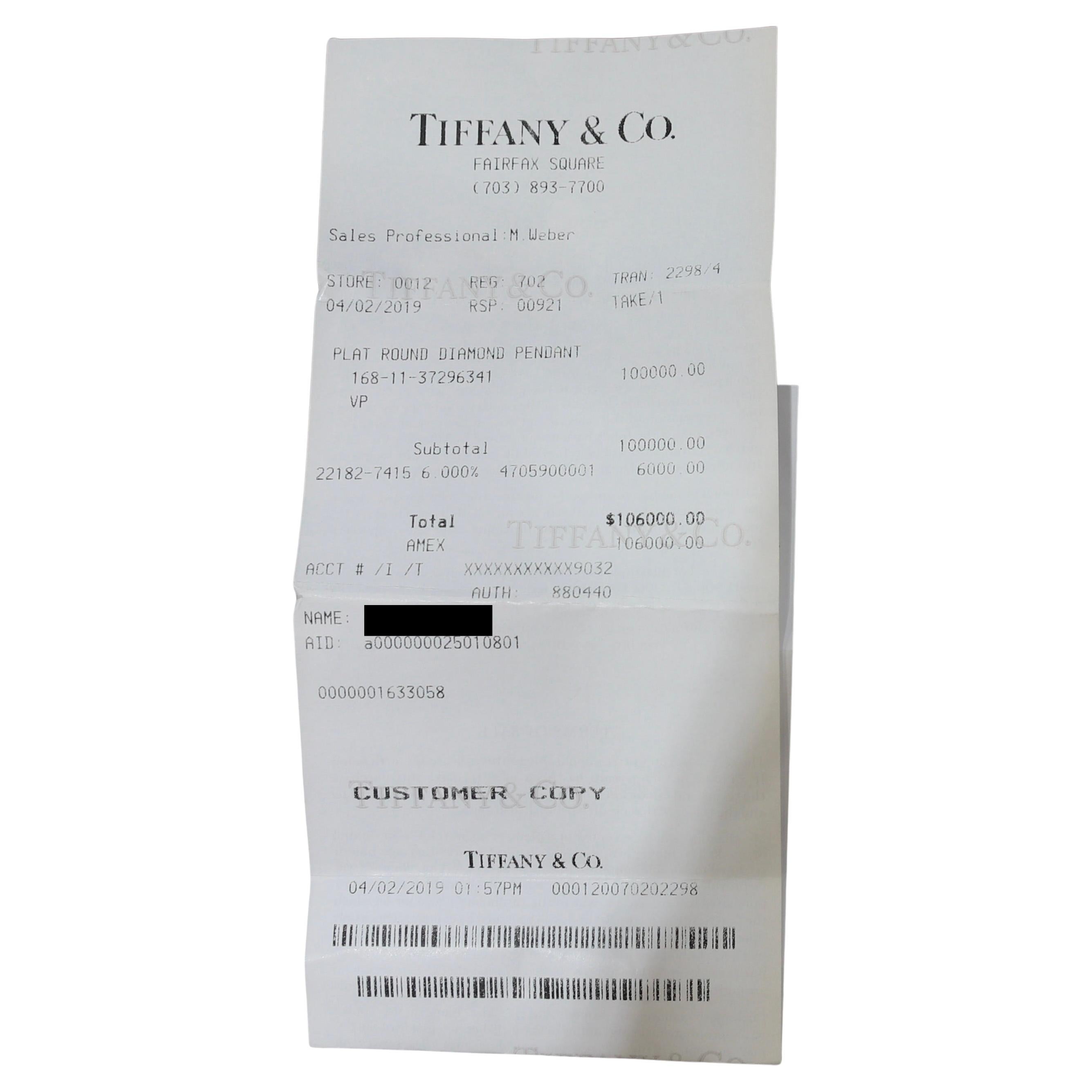 Collar colgante de platino con diamantes redondos naturales Tiffany & Co. de 3,07 quilates I VS1 en venta 2