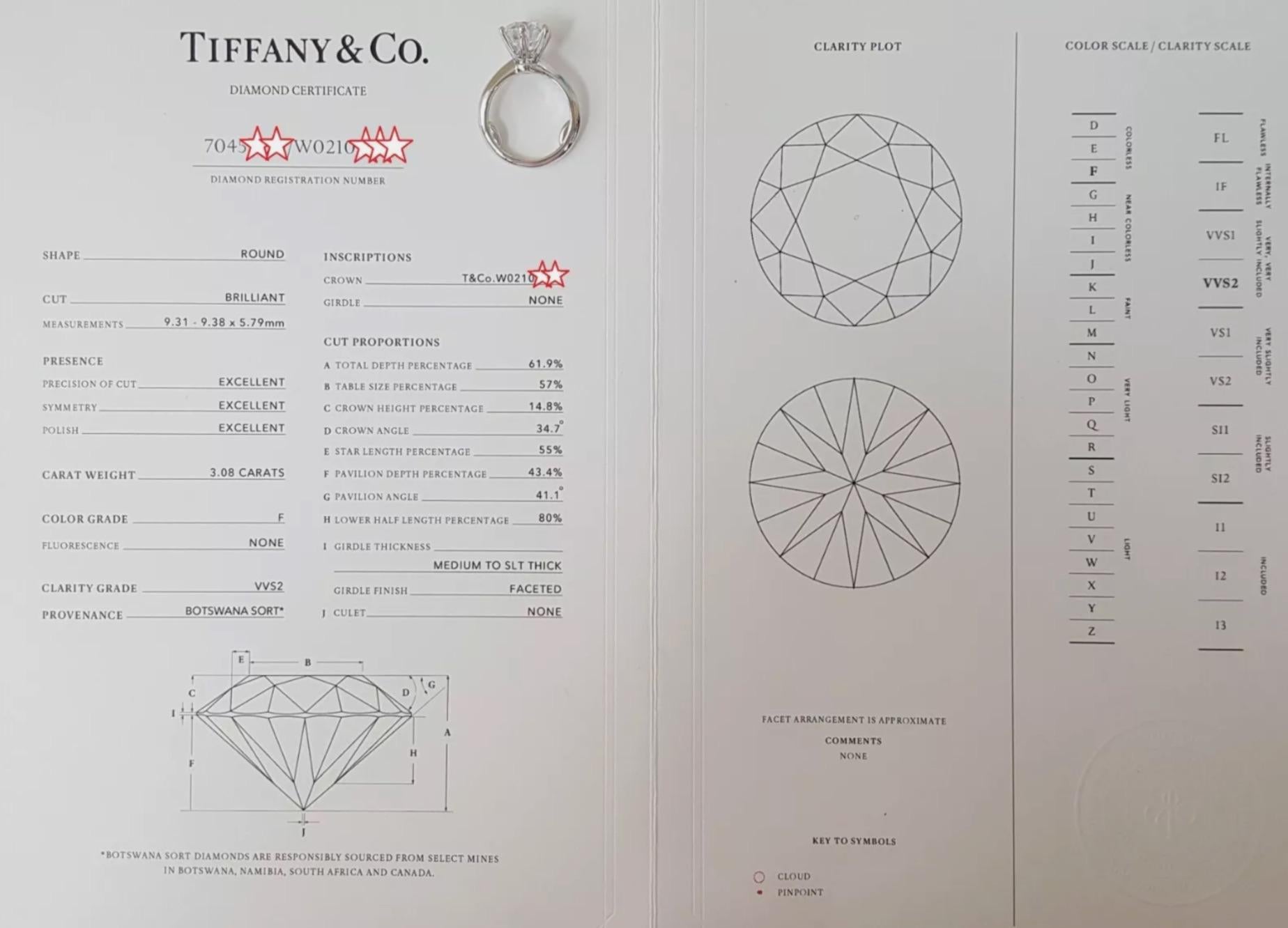 Verlobungsring von Tiffany & Co. mit 3.08 Karat rundem Diamanten im Brillantschliff im Angebot 3